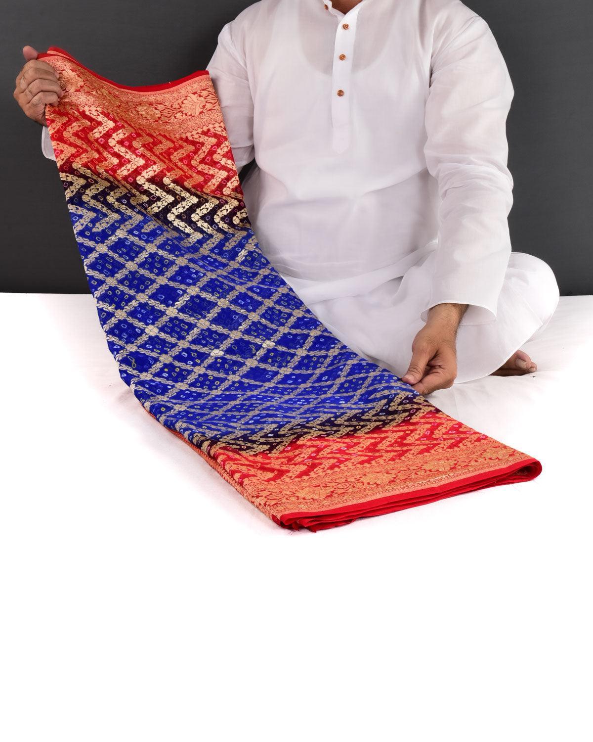 Shaded Red-Blue Banarasi Cutwork Brocade Handwoven Khaddi Georgette Saree with White & Yellow Bandhej - By HolyWeaves, Benares