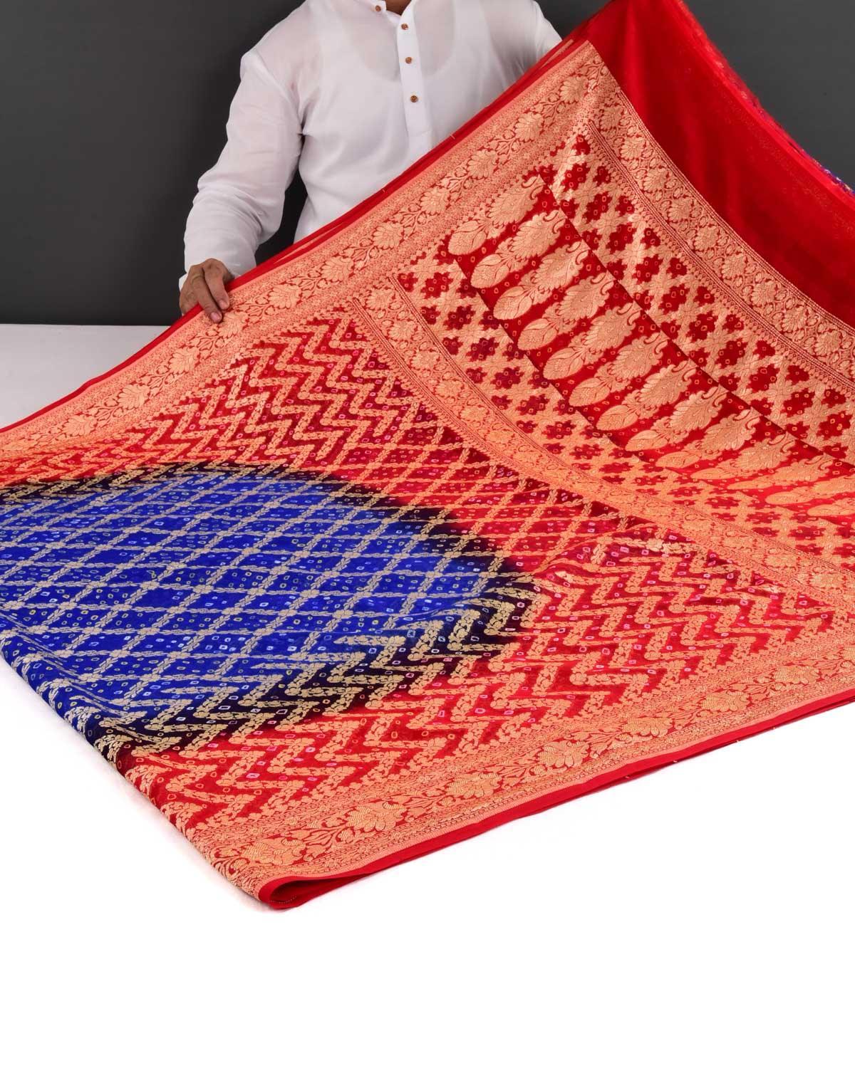 Shaded Red-Blue Banarasi Cutwork Brocade Handwoven Khaddi Georgette Saree with White & Yellow Bandhej - By HolyWeaves, Benares