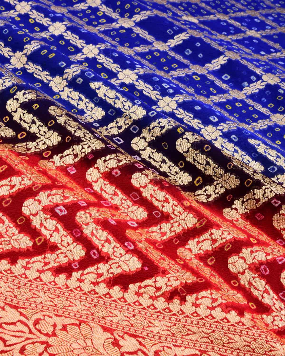 Shaded Red-Blue Banarasi Cutwork Brocade Handwoven Khaddi Georgette Saree with White & Yellow Bandhej - By HolyWeaves, Benares