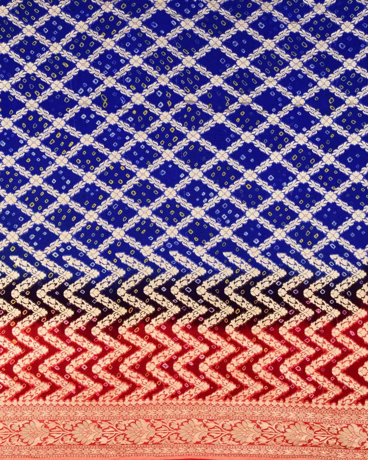 Shaded Red-Blue Banarasi Cutwork Brocade Handwoven Khaddi Georgette Saree with White & Yellow Bandhej - By HolyWeaves, Benares