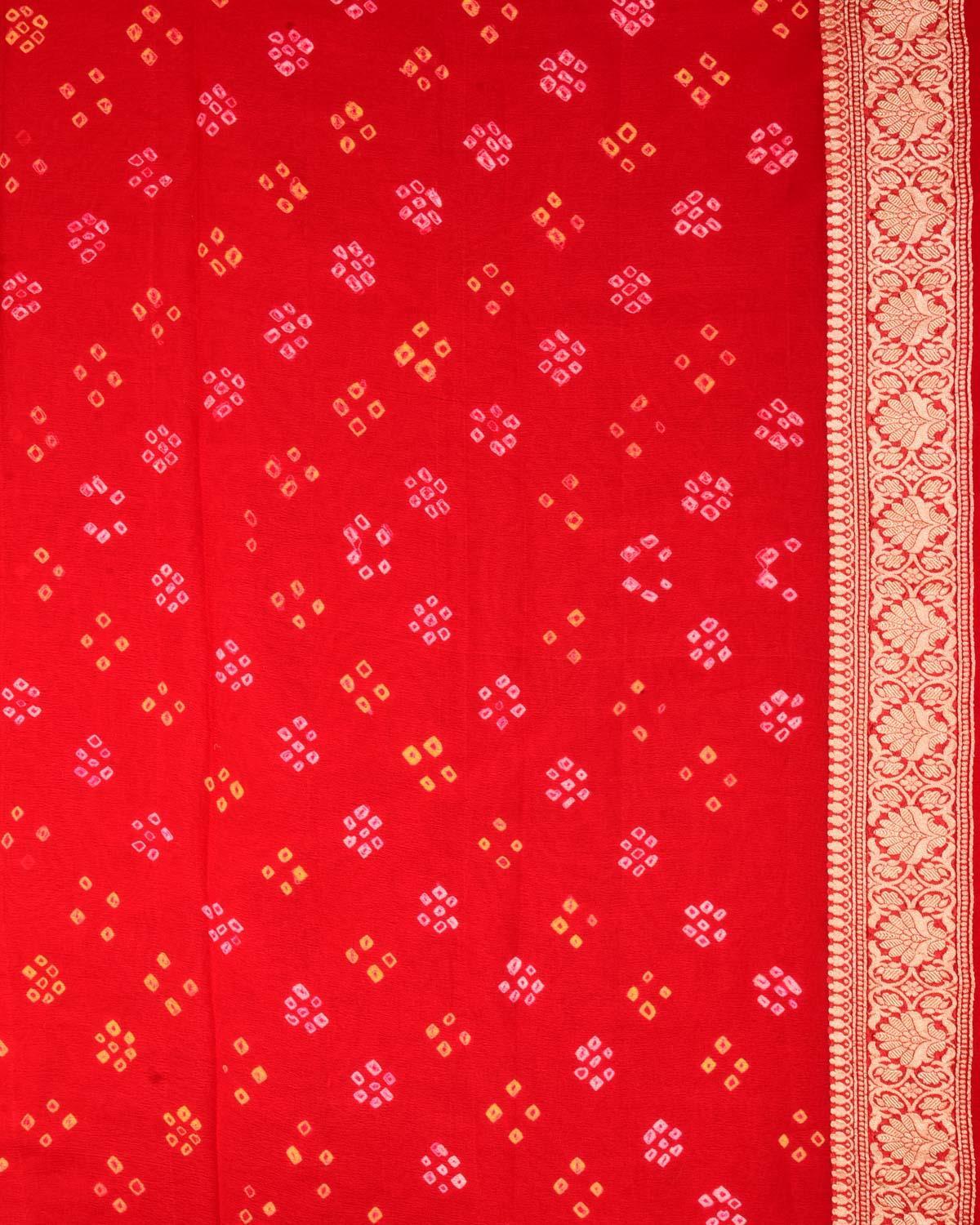 Shaded Red-Blue Banarasi Cutwork Brocade Handwoven Khaddi Georgette Saree with White & Yellow Bandhej - By HolyWeaves, Benares