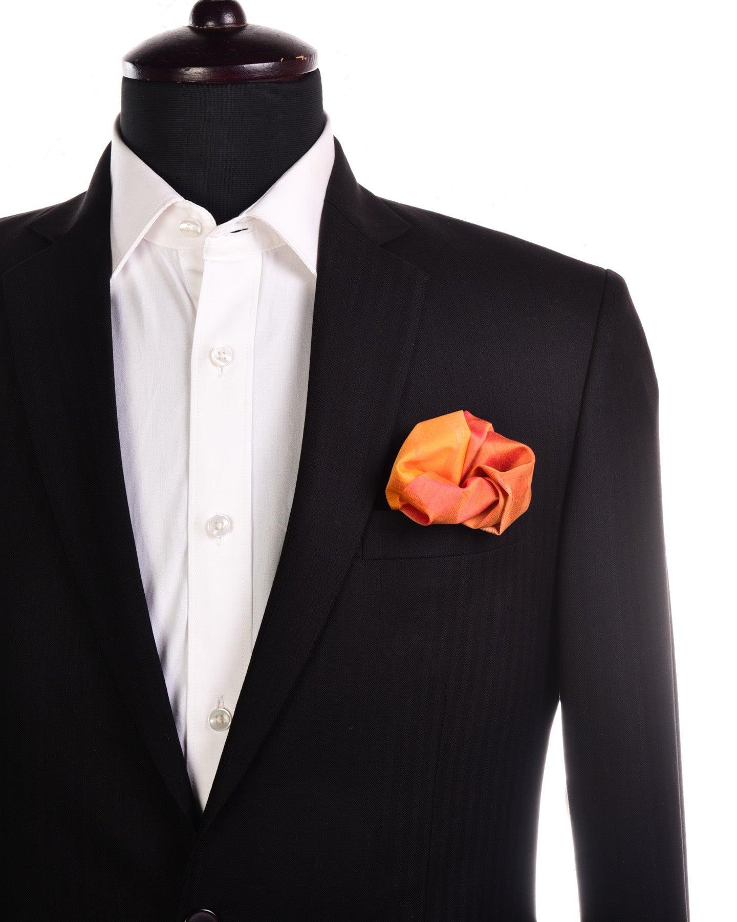 Shaded Yellow Ikat Handwoven Cotton Silk Pocket Square For Men - By HolyWeaves, Benares