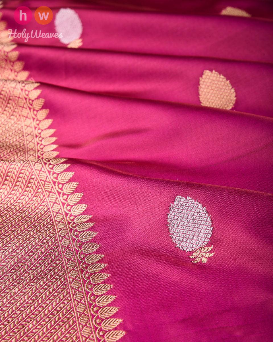 Shot Magenta Banarasi Buti Alfi Sona-Rupa Kadhuan Brocade Handwoven Katan Silk Fabric with Brocade Border - By HolyWeaves, Benares