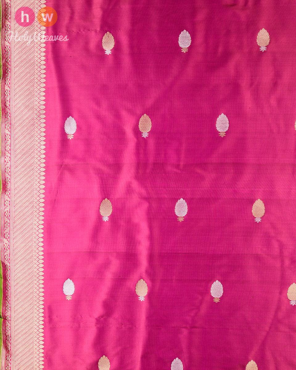 Shot Magenta Banarasi Buti Alfi Sona-Rupa Kadhuan Brocade Handwoven Katan Silk Fabric with Brocade Border - By HolyWeaves, Benares