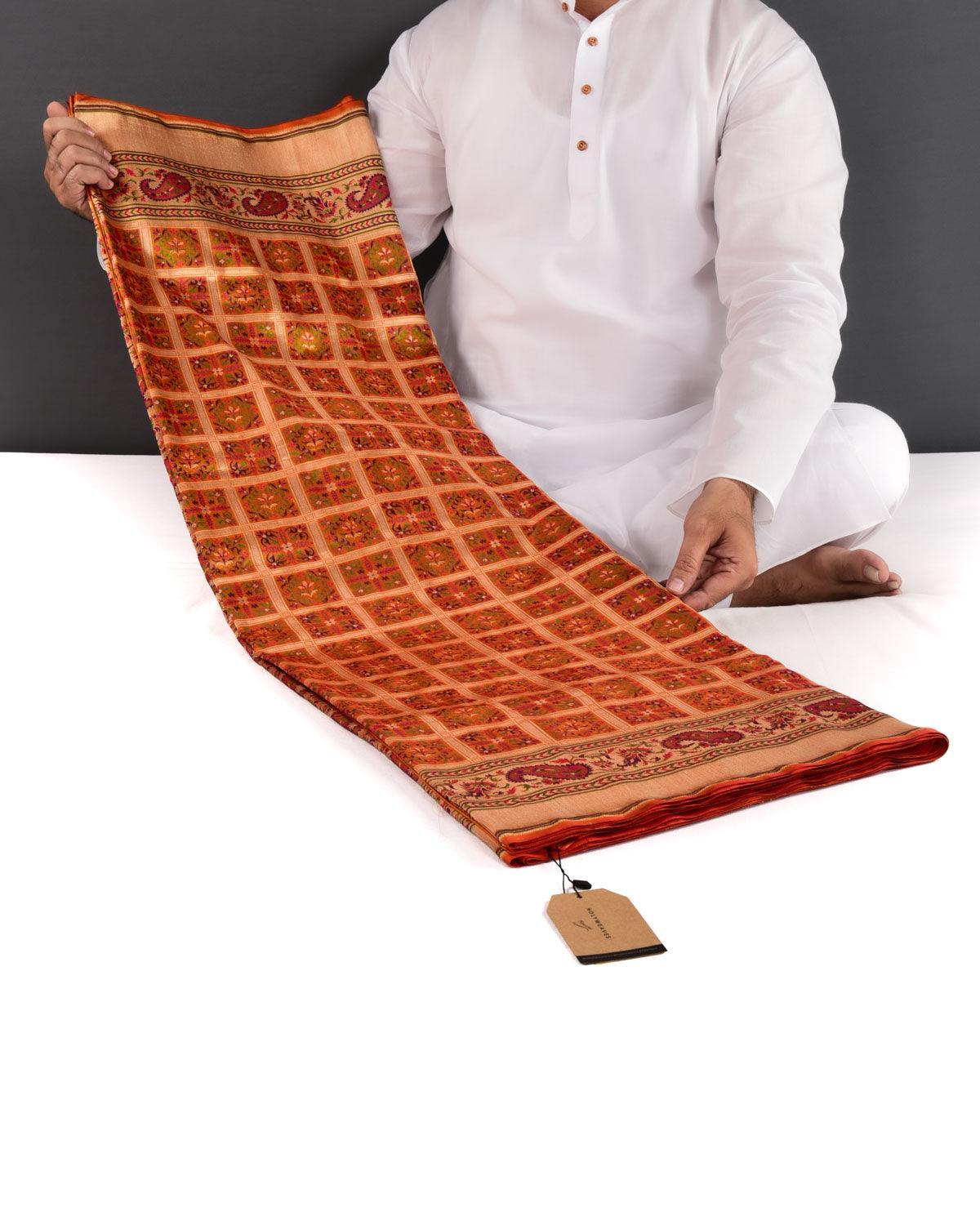 Shot Orange Banarasi Gold Zari and Resham Chequered Cutwork Brocade Handwoven Katan Silk Saree - By HolyWeaves, Benares