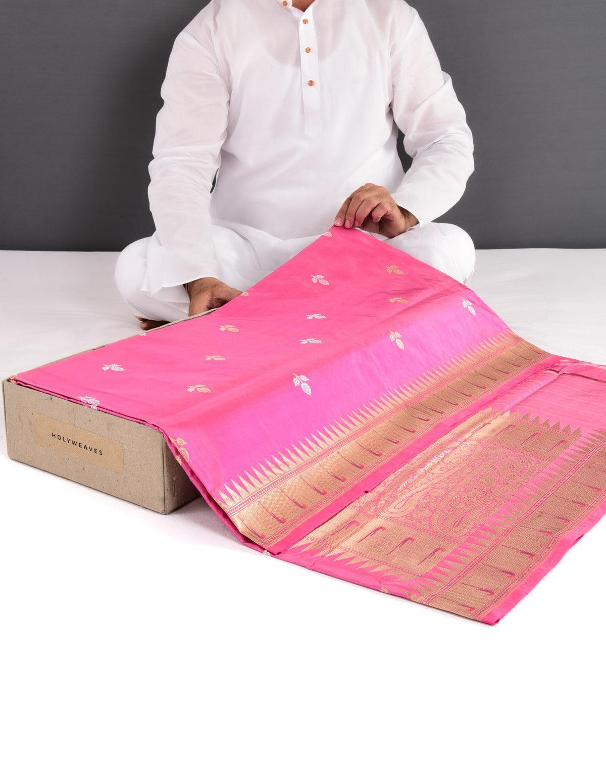 Shot Pink Banarasi Kali Buti Kadhuan Brocade Handwoven Katan Silk Saree with Chhadi Brocade Border Pallu - By HolyWeaves, Benares