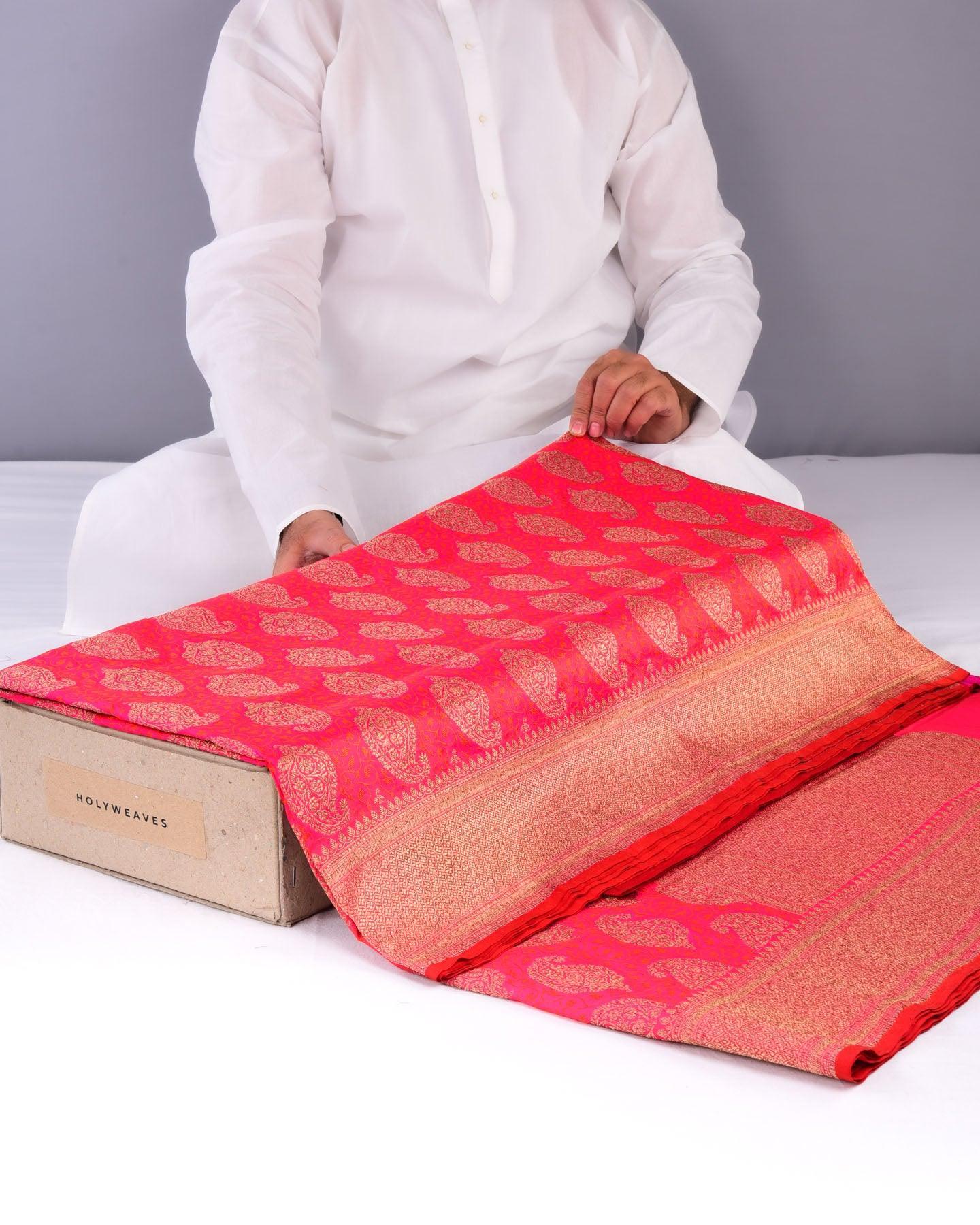 Shot Pink Peach Banarasi Tanchoi Brocade Handwoven Katan Silk Saree - By HolyWeaves, Benares