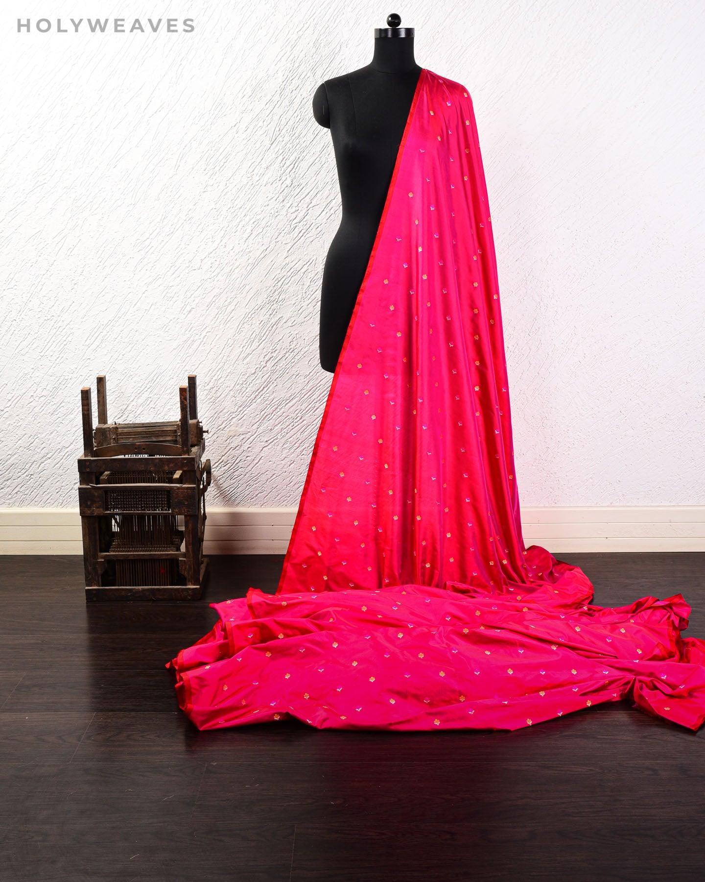 Shot Red-Pink Banarasi Alfi Maheen Buti Kadhuan Brocade Handwoven Katan Silk Fabric - By HolyWeaves, Benares