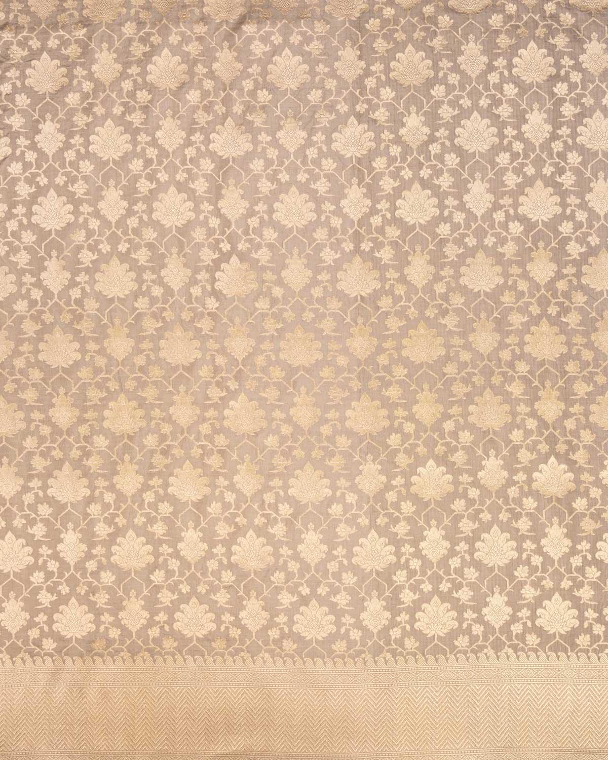 Stone Gray Banarasi Maheen Jaal Gold Zari Cutwork Brocade Handwoven Katan Silk Saree - By HolyWeaves, Benares