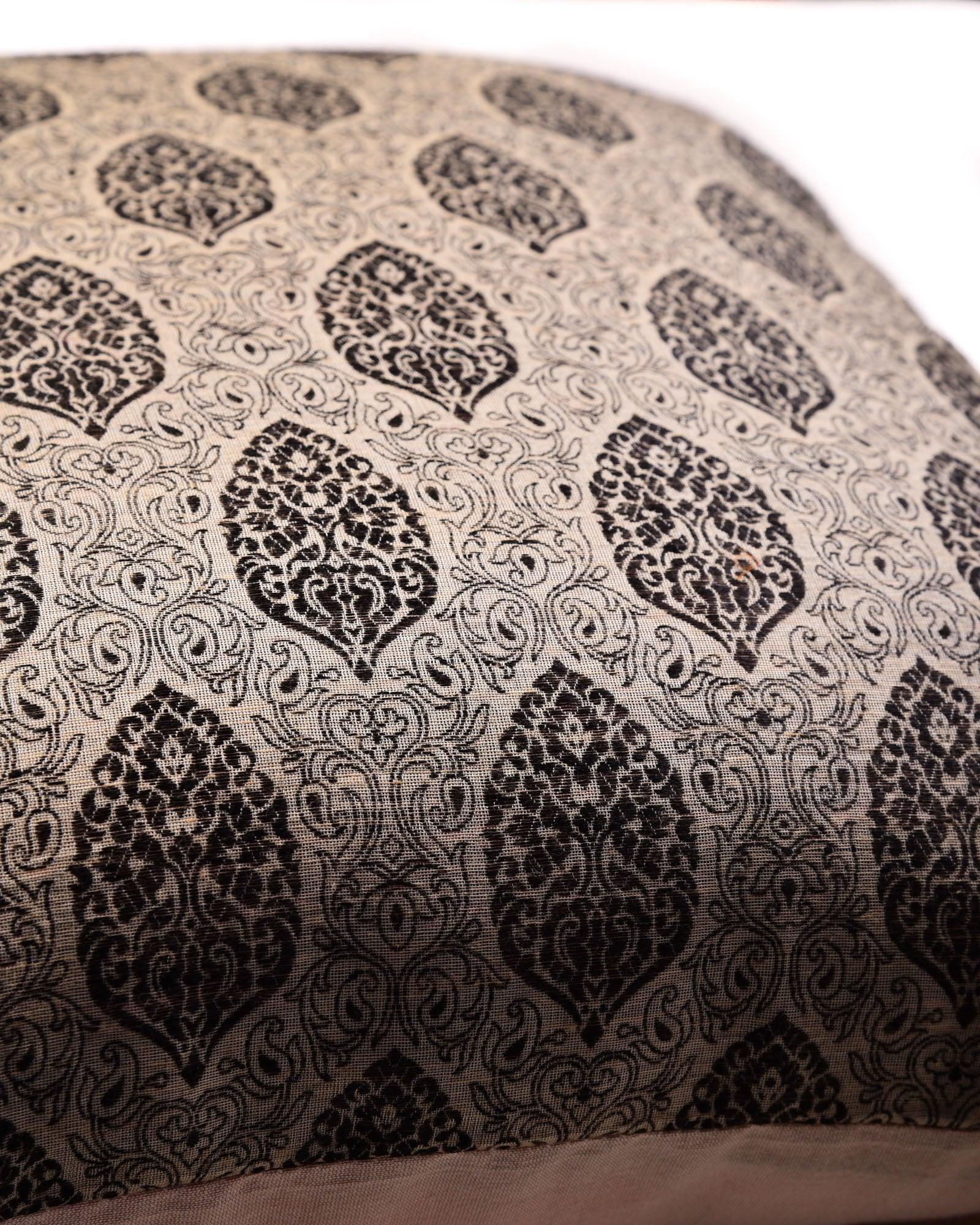 Stone Gray Banarasi Resham Brocade Linen Silk Cushion Cover 16" - By HolyWeaves, Benares