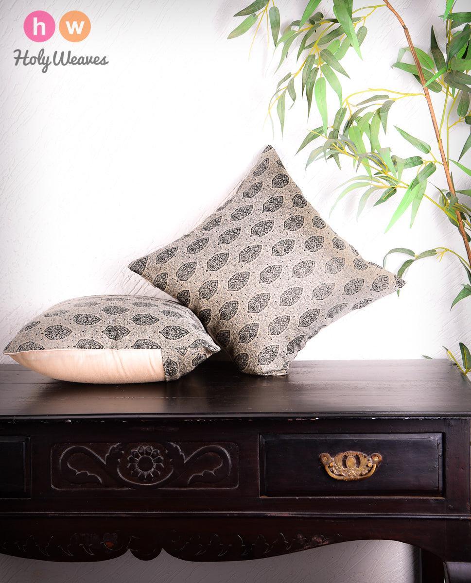 Stone Gray Banarasi Resham Brocade Linen Silk Cushion Cover 16" - By HolyWeaves, Benares