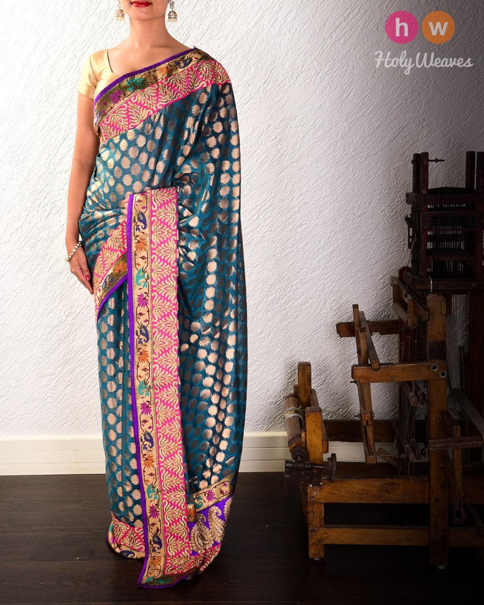 Teal Blue Hand-embroidered Art Silk Saree - By HolyWeaves, Benares
