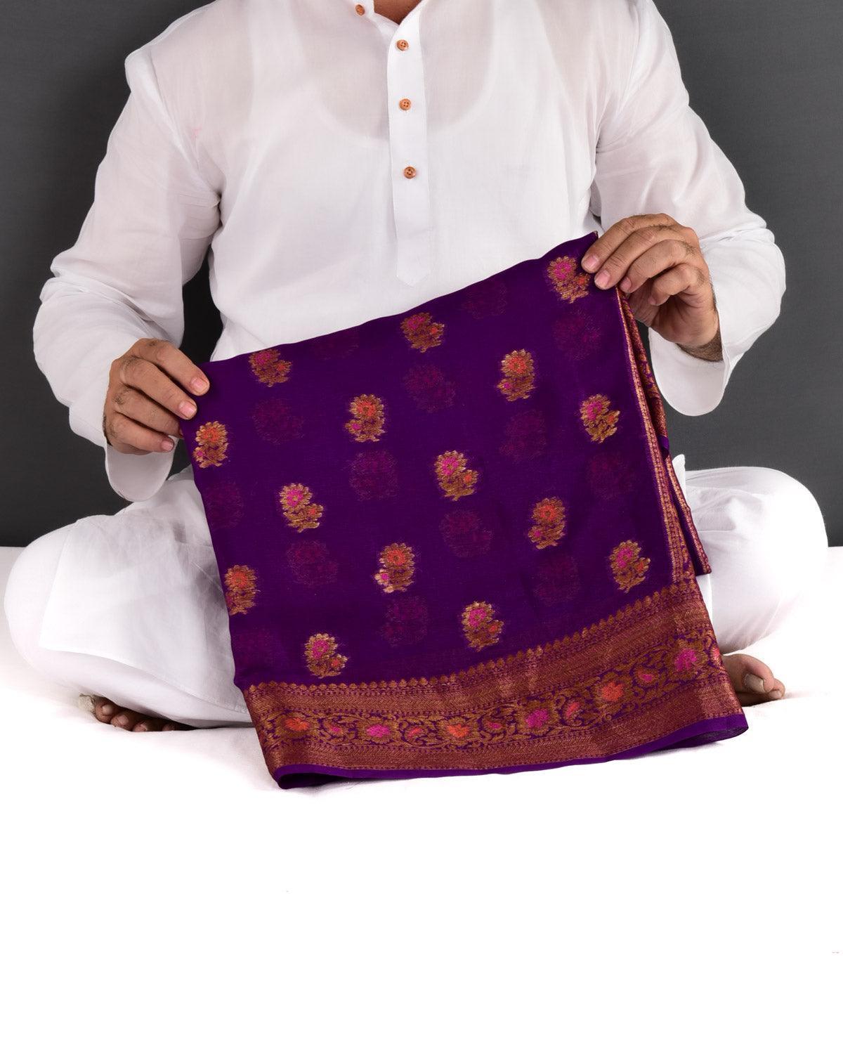 Vibrant Purple Lightweight Banarasi Antique Zari Meenedar Cutwork Brocade Woven Khaddi Georgette Saree - By HolyWeaves, Benares