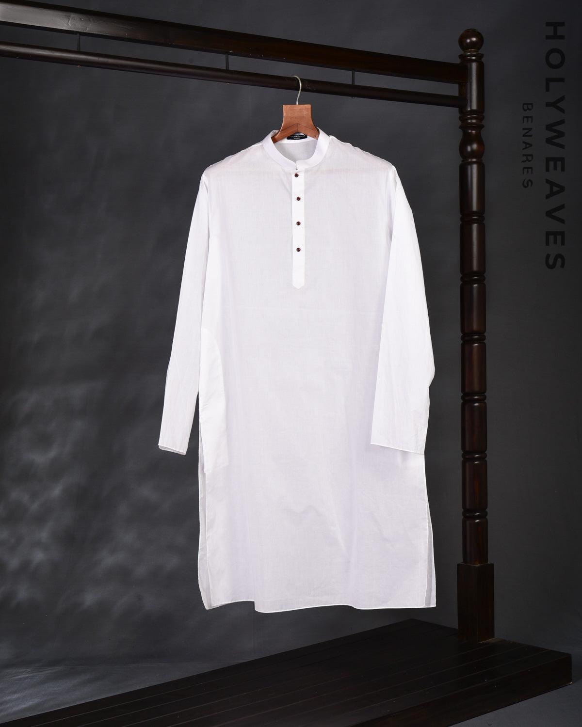 White Addhi Cotton Mens Kurta Pyjama with Haath Ki Jaali Shoulder - By HolyWeaves, Benares