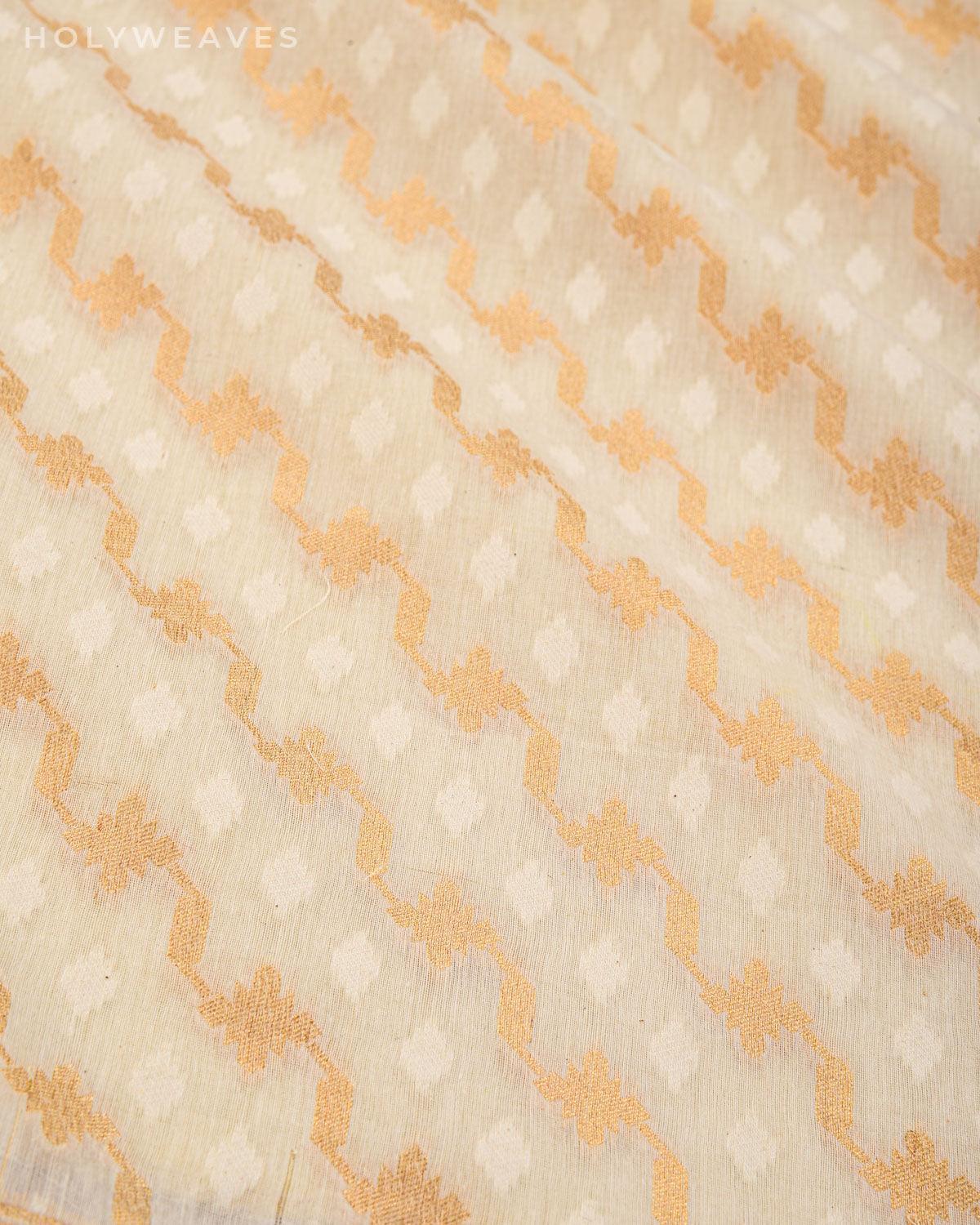White Banarasi Gold & Resham Leheriya Cutwork Brocade Handwoven Cotton Silk Fabric - By HolyWeaves, Benares