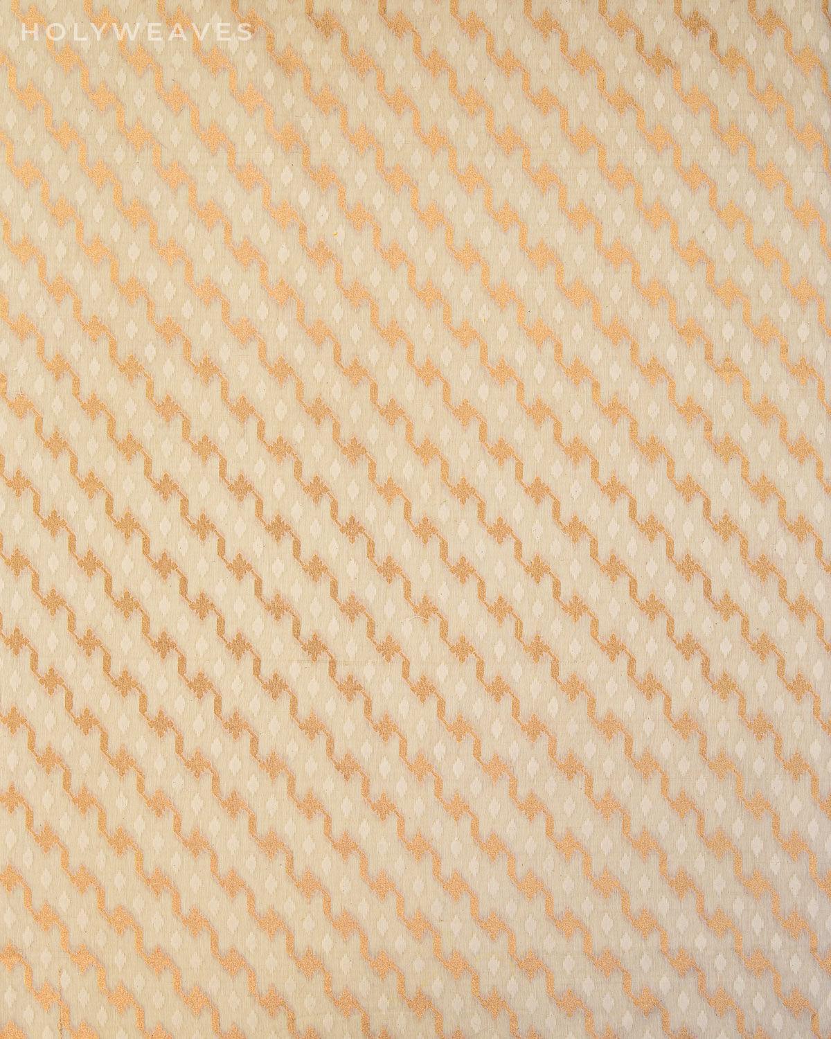 White Banarasi Gold & Resham Leheriya Cutwork Brocade Handwoven Cotton Silk Fabric - By HolyWeaves, Benares