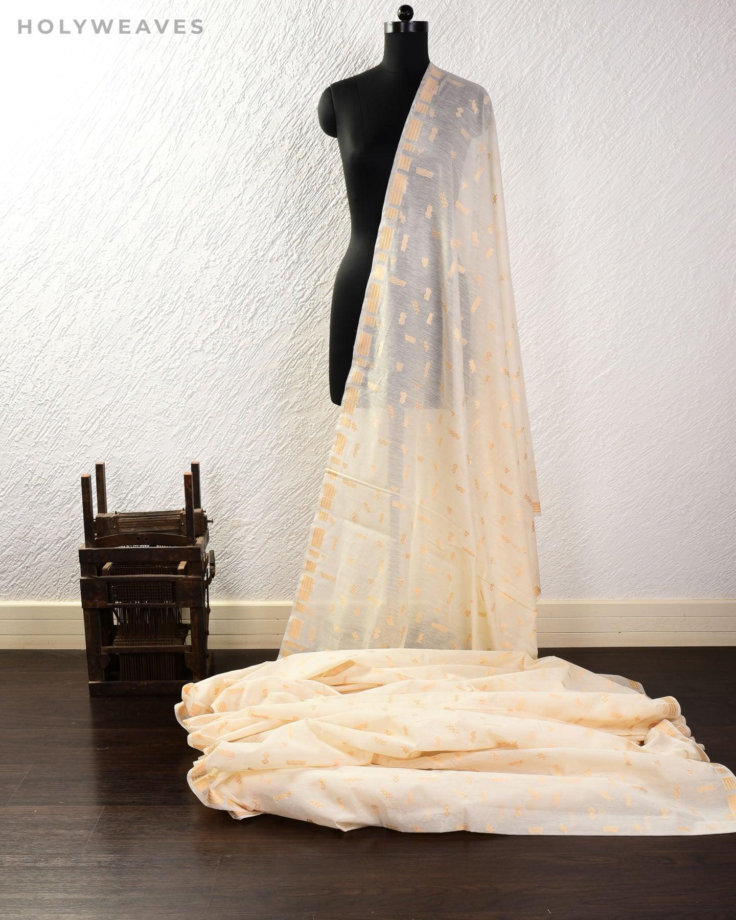 White Banarasi Gold Zari Random Geometric Cutwork Brocade Handwoven Cotton Silk Fabric - By HolyWeaves, Benares