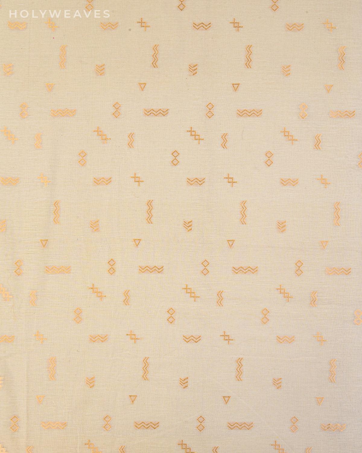 White Banarasi Gold Zari Random Geometric Cutwork Brocade Handwoven Cotton Silk Fabric - By HolyWeaves, Benares