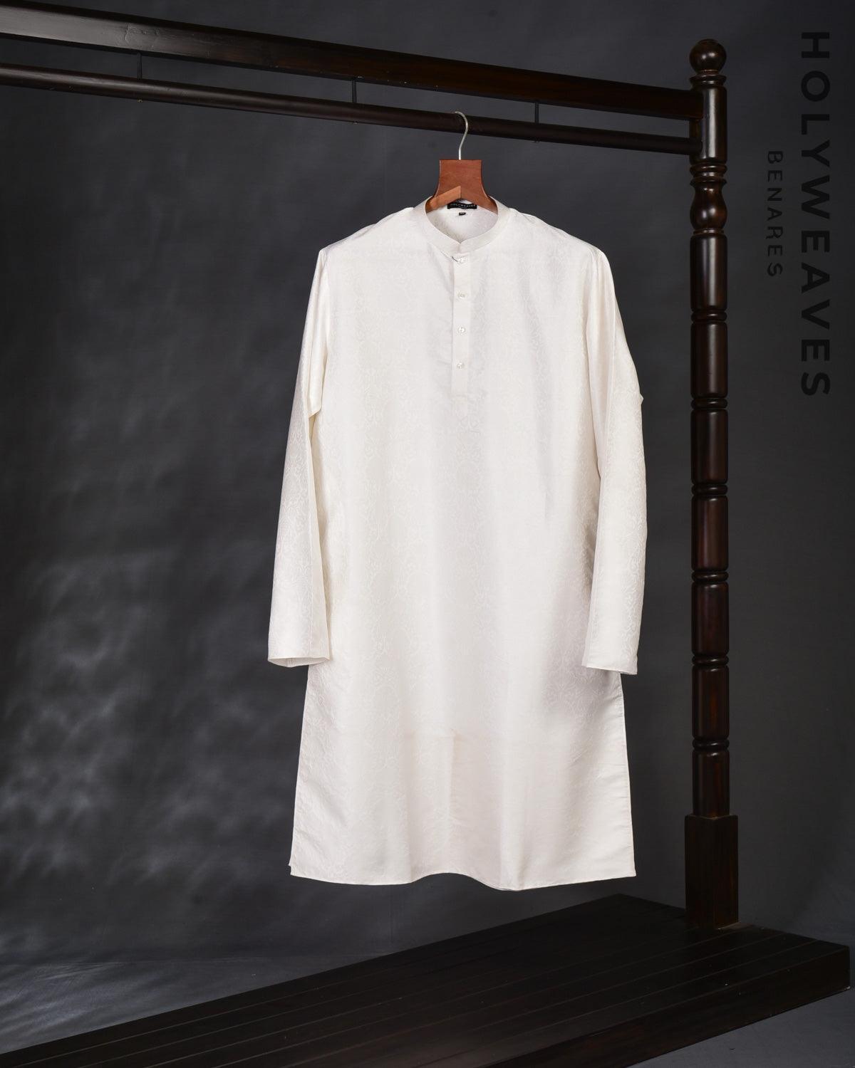 White Banarasi Resham Tanchoi Woven Poly Silk Mens Kurta Pyjama - By HolyWeaves, Benares