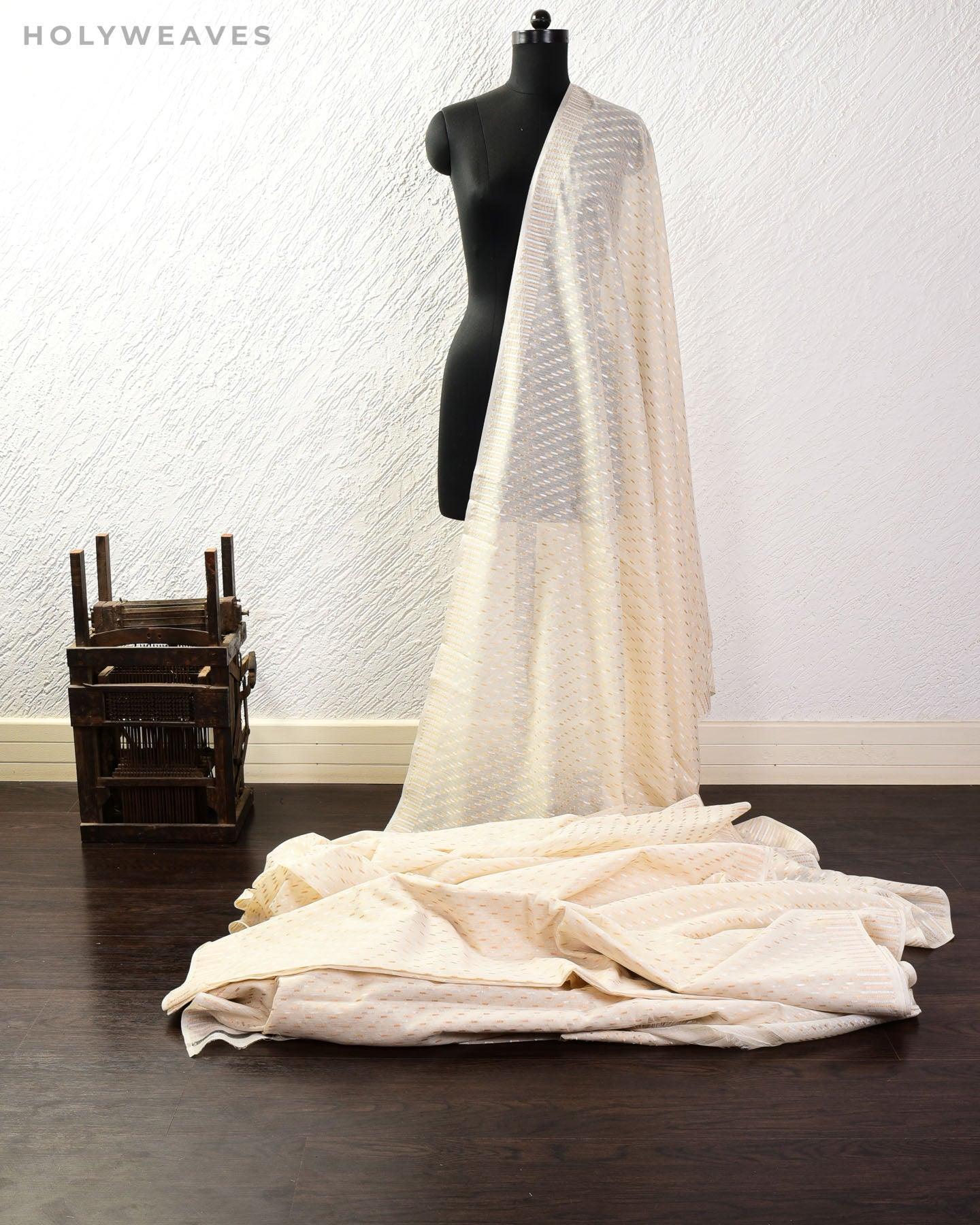 White Banarasi Sona Rupa Cutwork Brocade Handwoven Cotton Silk Fabric - By HolyWeaves, Benares