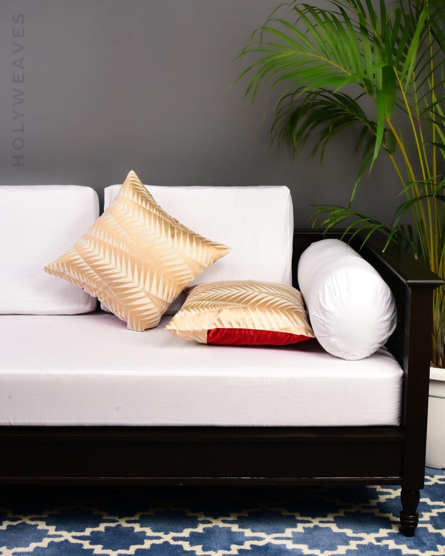 White Brocade Handwoven Cotton Silk Cushion Cover with Satin Back 16" - By HolyWeaves, Benares