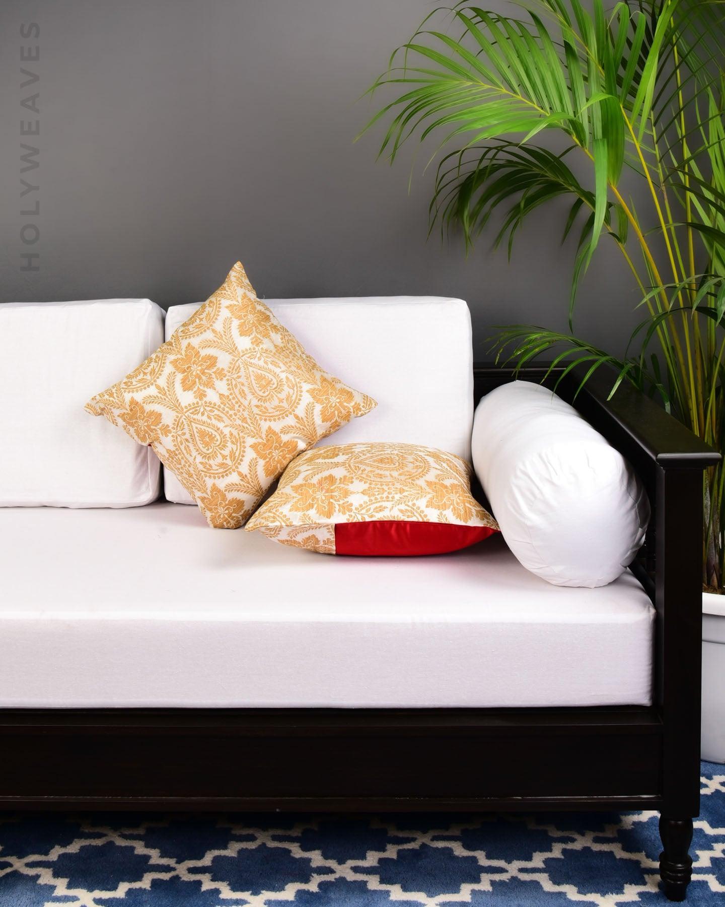 White Brocade Woven Dupion Silk Cushion Cover with Satin Back 16" - By HolyWeaves, Benares