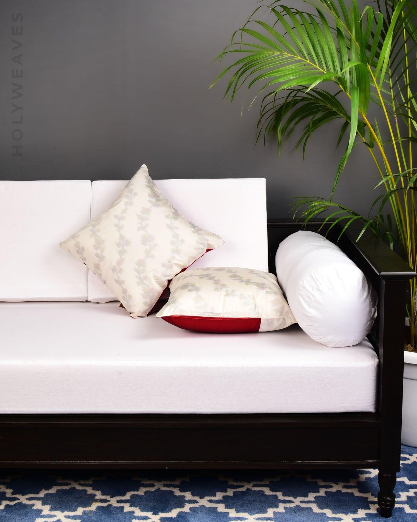 White Ikat Woven Cotton Silk Cushion Cover 16" - By HolyWeaves, Benares