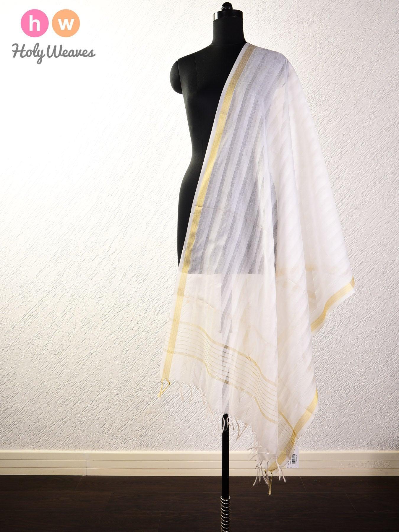 White Shadow Stripes Woven Poly Cotton Silk Dupatta - By HolyWeaves, Benares