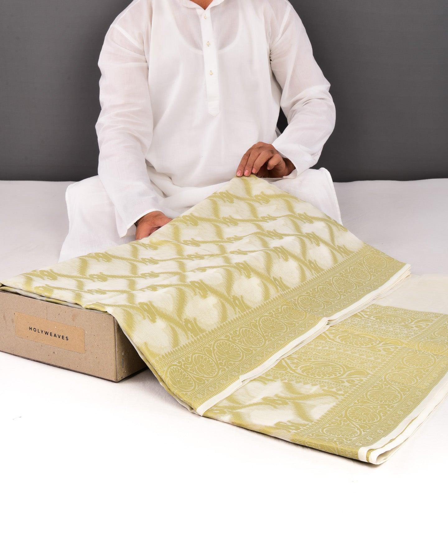 White with Green Banarasi Resham Jaal Cutwork Brocade Woven Art Cotton Silk Saree - By HolyWeaves, Benares