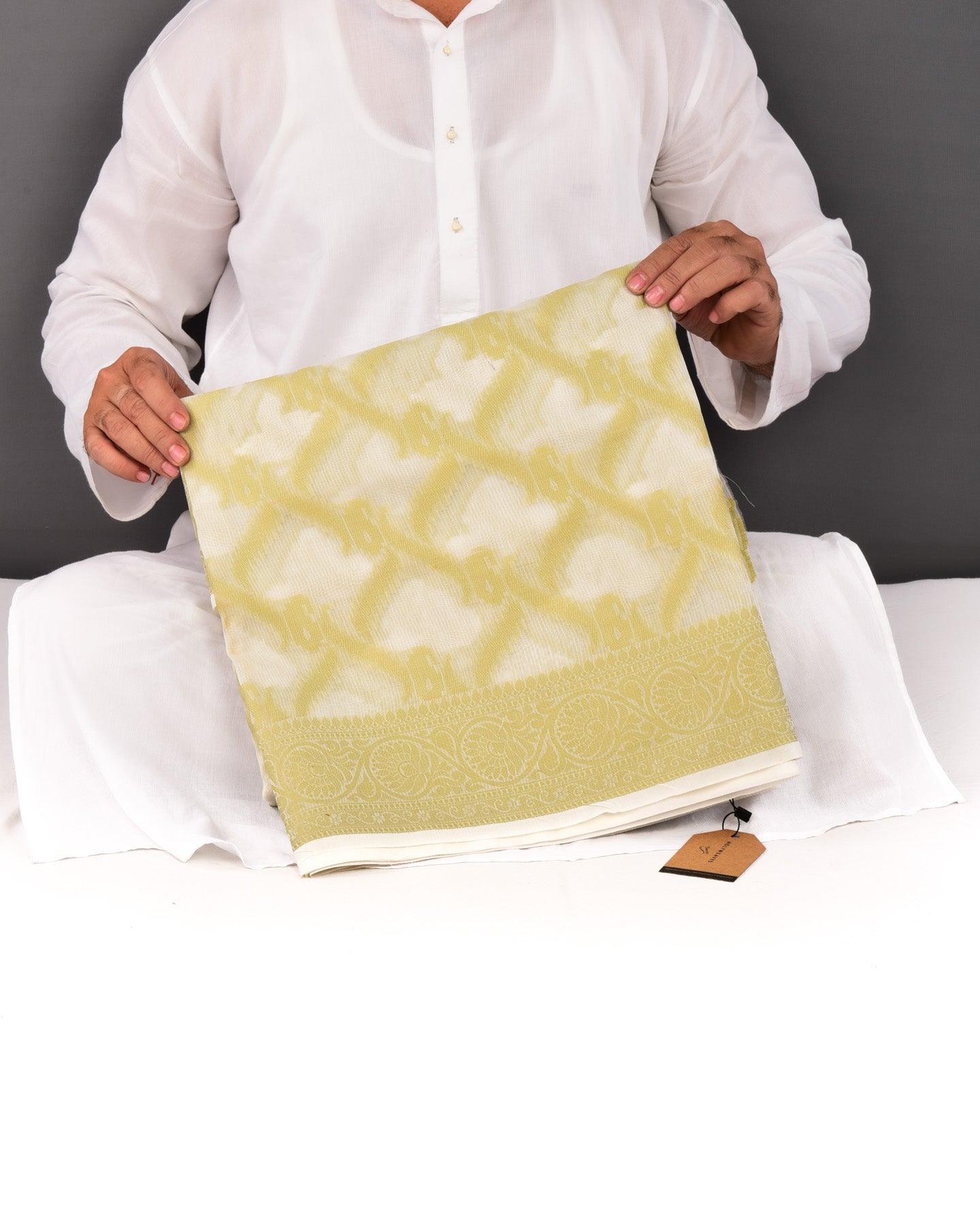 White with Green Banarasi Resham Jaal Cutwork Brocade Woven Art Cotton Silk Saree - By HolyWeaves, Benares