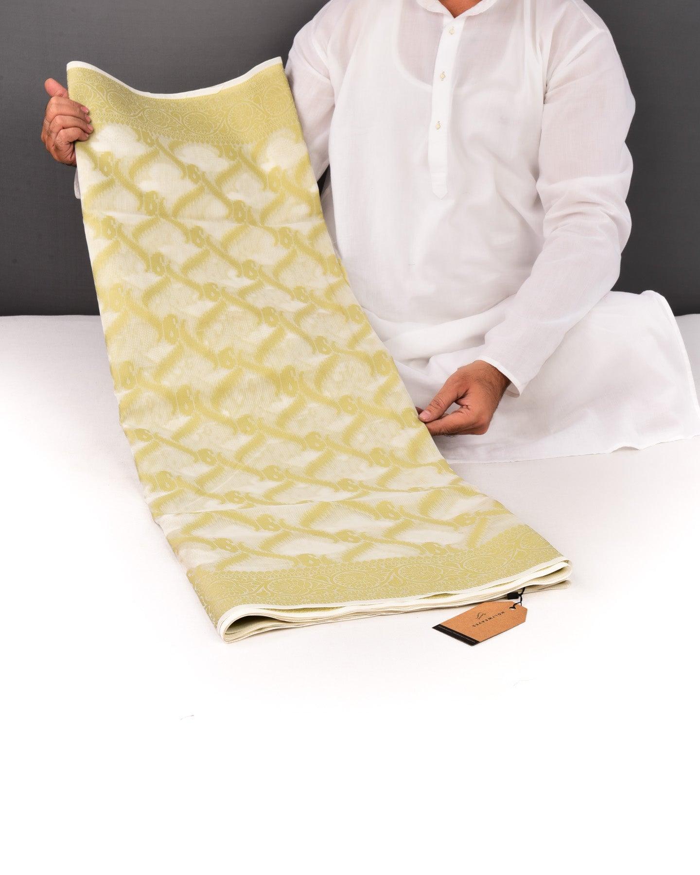 White with Green Banarasi Resham Jaal Cutwork Brocade Woven Art Cotton Silk Saree - By HolyWeaves, Benares