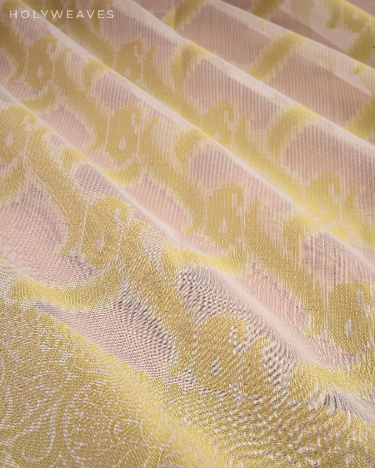 White with Green Banarasi Resham Jaal Cutwork Brocade Woven Art Cotton Silk Saree - By HolyWeaves, Benares