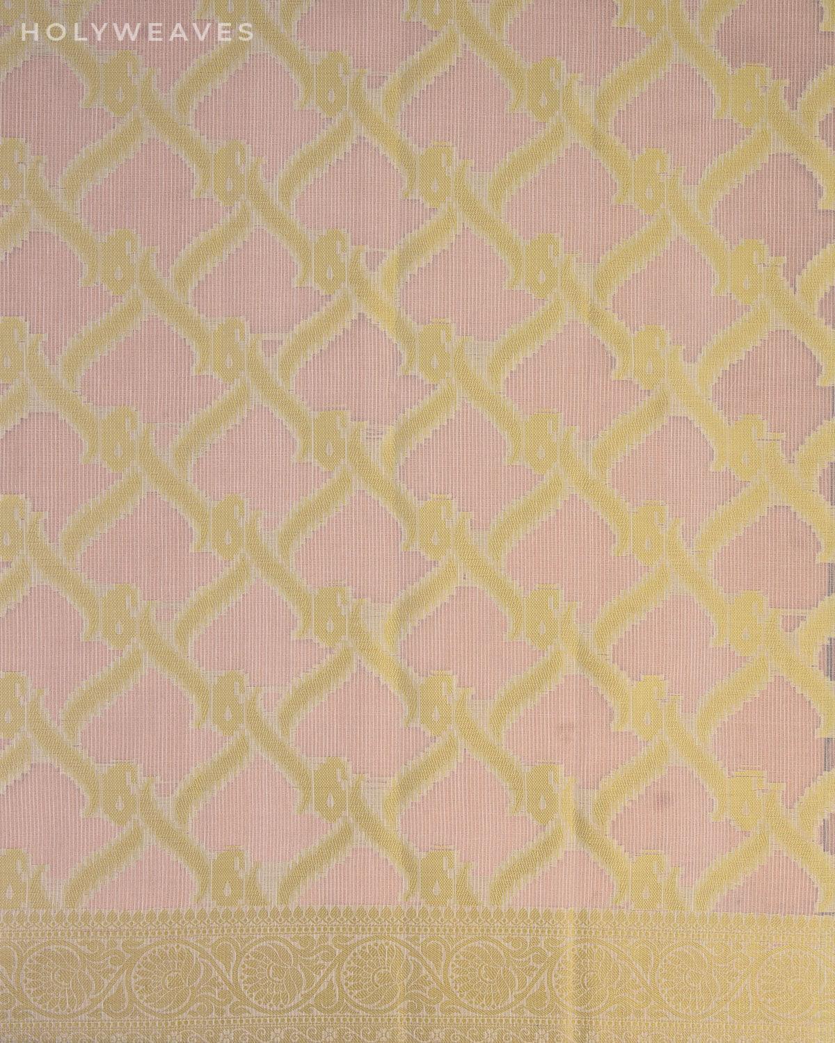 White with Green Banarasi Resham Jaal Cutwork Brocade Woven Art Cotton Silk Saree - By HolyWeaves, Benares