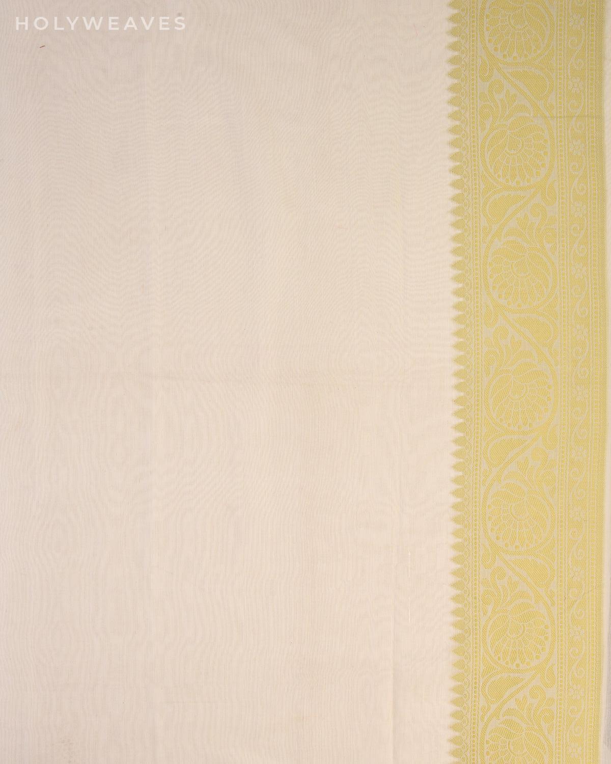 White with Green Banarasi Resham Jaal Cutwork Brocade Woven Art Cotton Silk Saree - By HolyWeaves, Benares