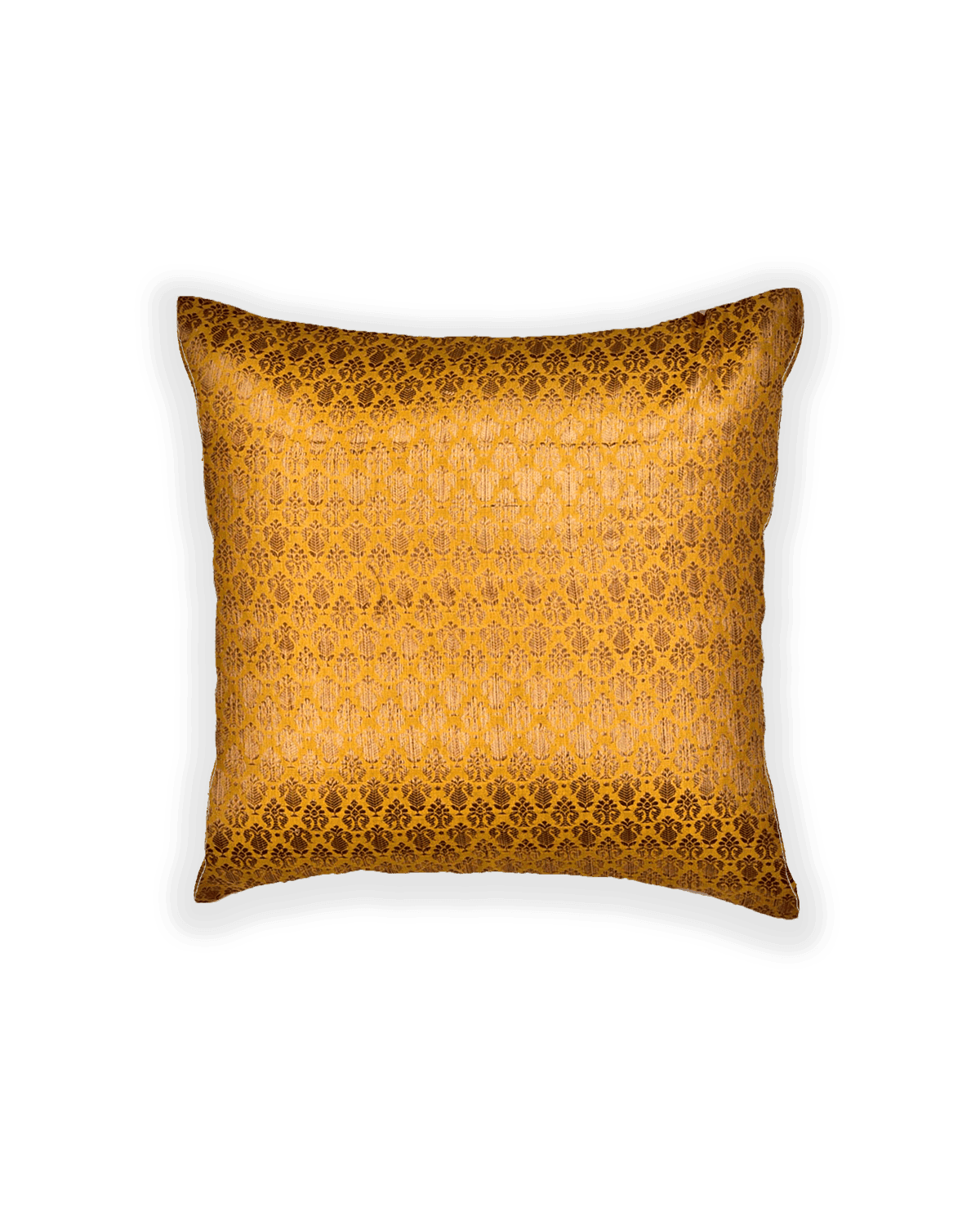 Yellow Antique Zari Brocade Woven Poly Silk Cushion Cover with Satin Back 16" - By HolyWeaves, Benares