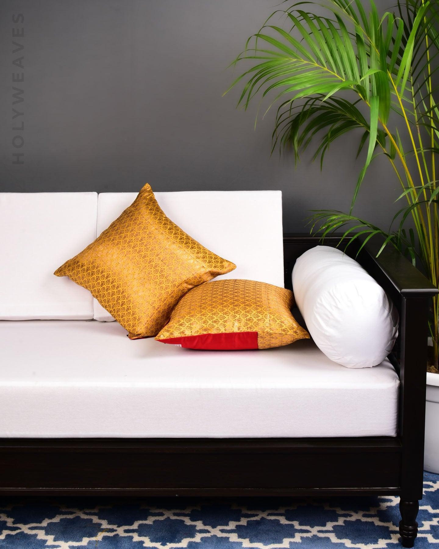 Yellow Antique Zari Brocade Woven Poly Silk Cushion Cover with Satin Back 16" - By HolyWeaves, Benares