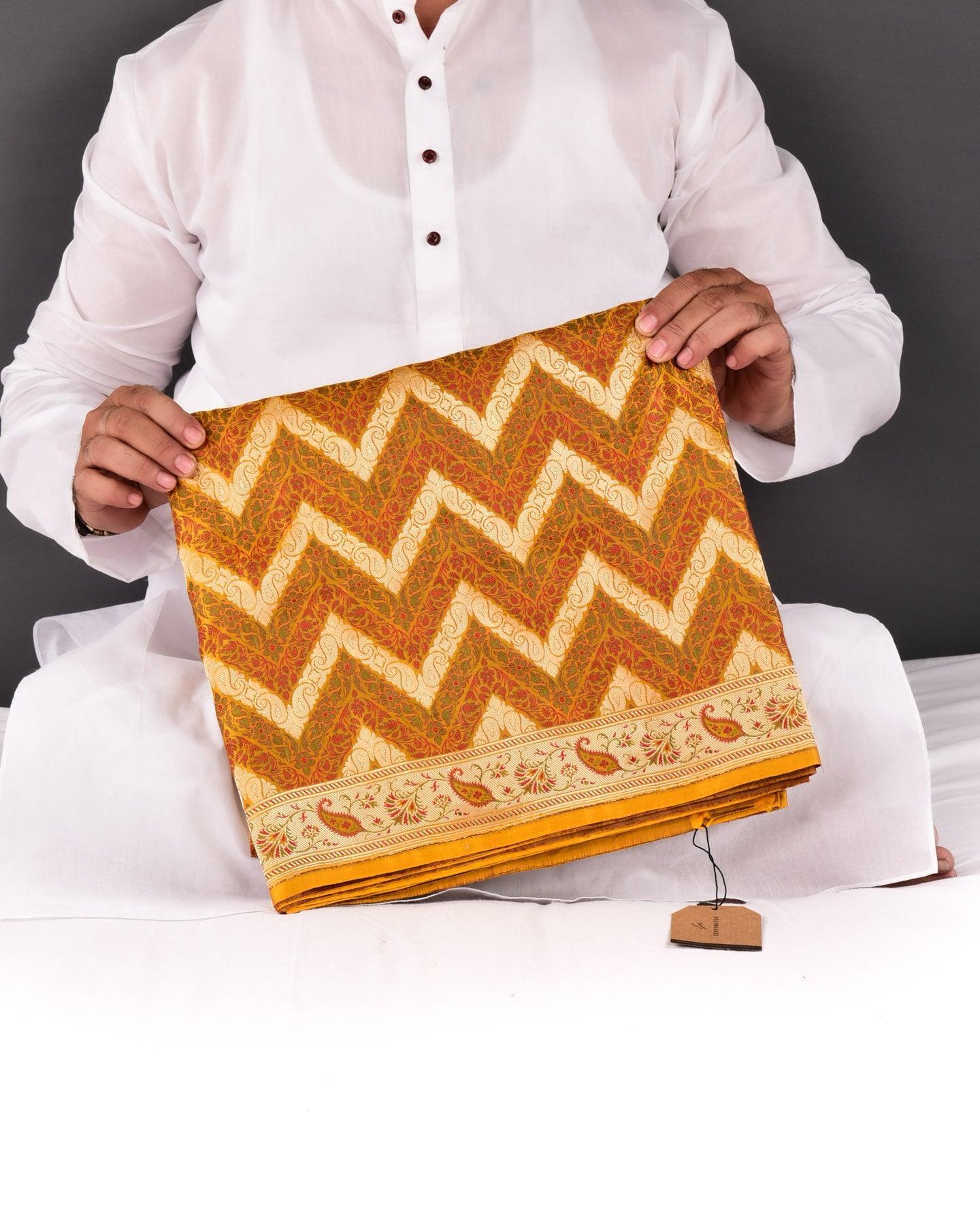 Yellow Banarasi Multi Zig-Zag Jamawar Brocade Handwoven Katan Silk Saree with Zari Cutwork - By HolyWeaves, Benares