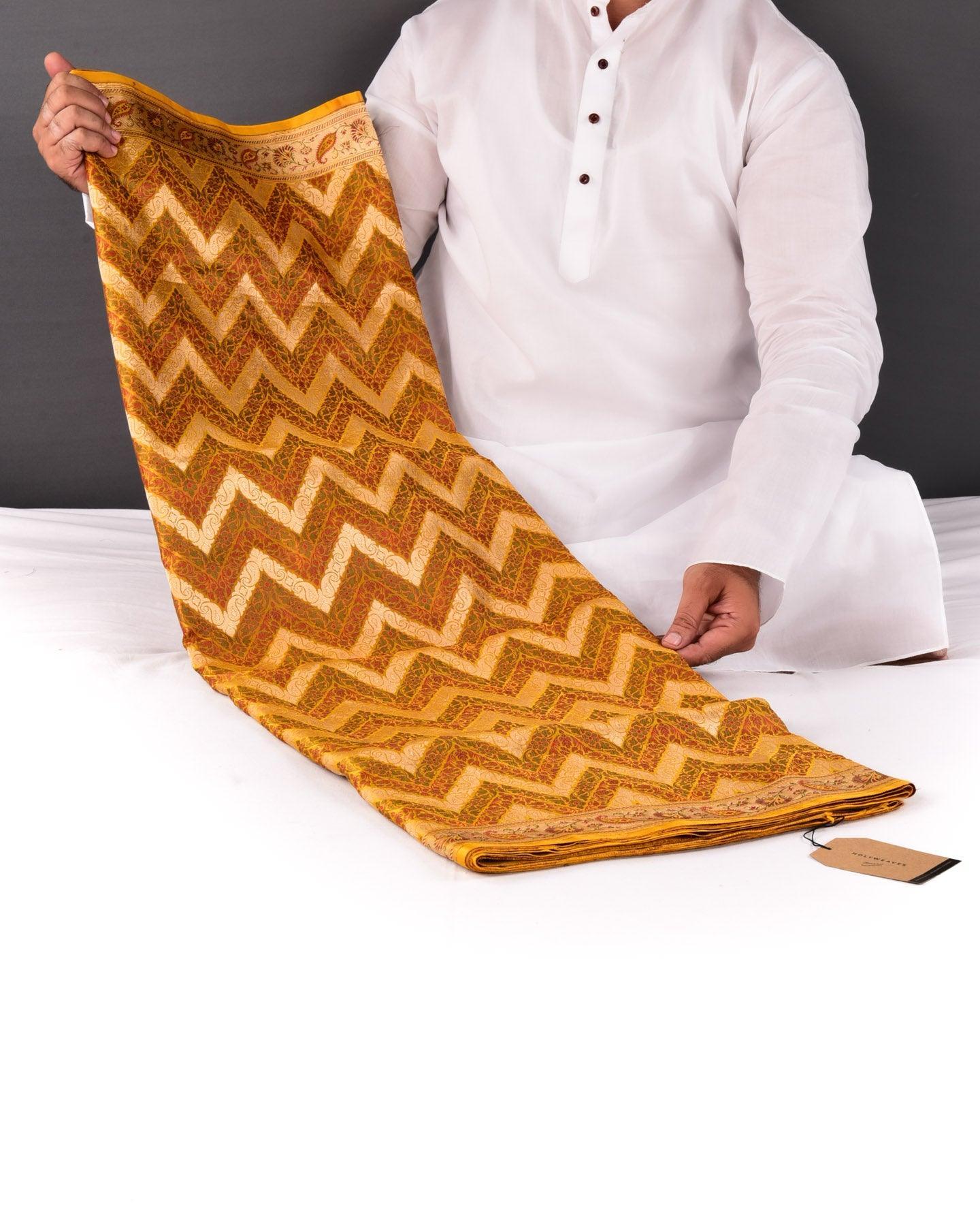 Yellow Banarasi Multi Zig-Zag Jamawar Brocade Handwoven Katan Silk Saree with Zari Cutwork - By HolyWeaves, Benares