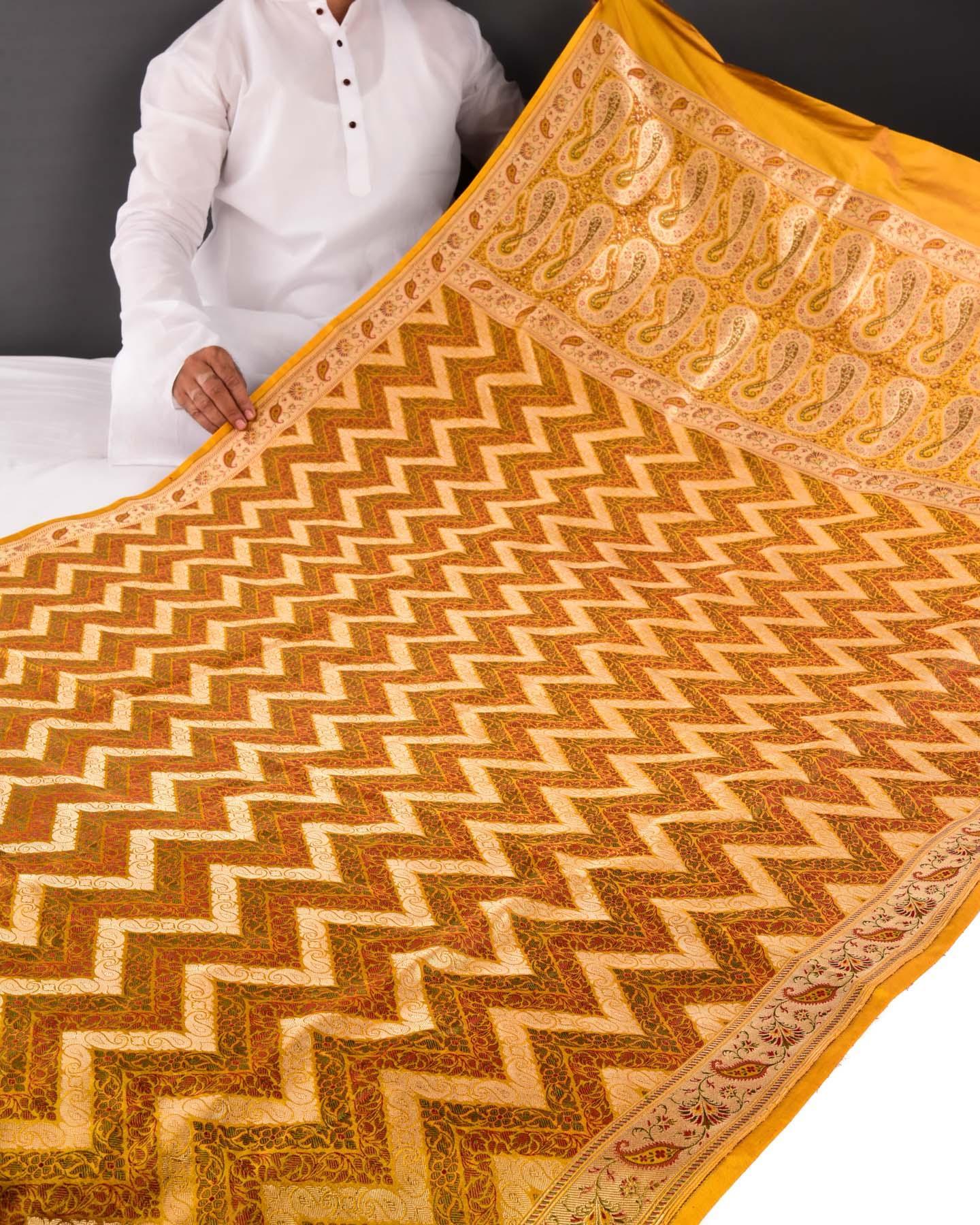 Yellow Banarasi Multi Zig-Zag Jamawar Brocade Handwoven Katan Silk Saree with Zari Cutwork - By HolyWeaves, Benares