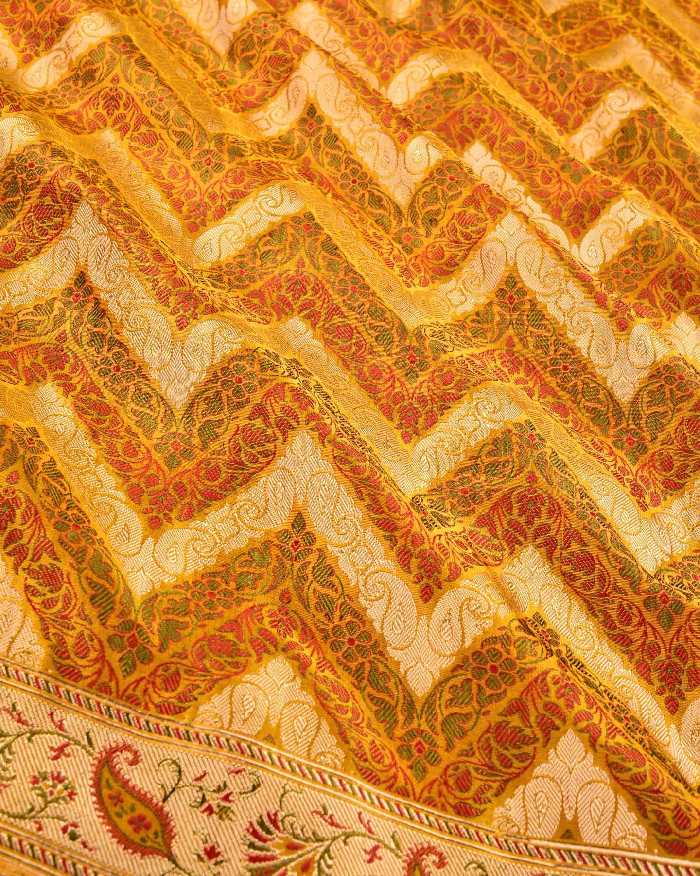 Yellow Banarasi Multi Zig-Zag Jamawar Brocade Handwoven Katan Silk Saree with Zari Cutwork - By HolyWeaves, Benares