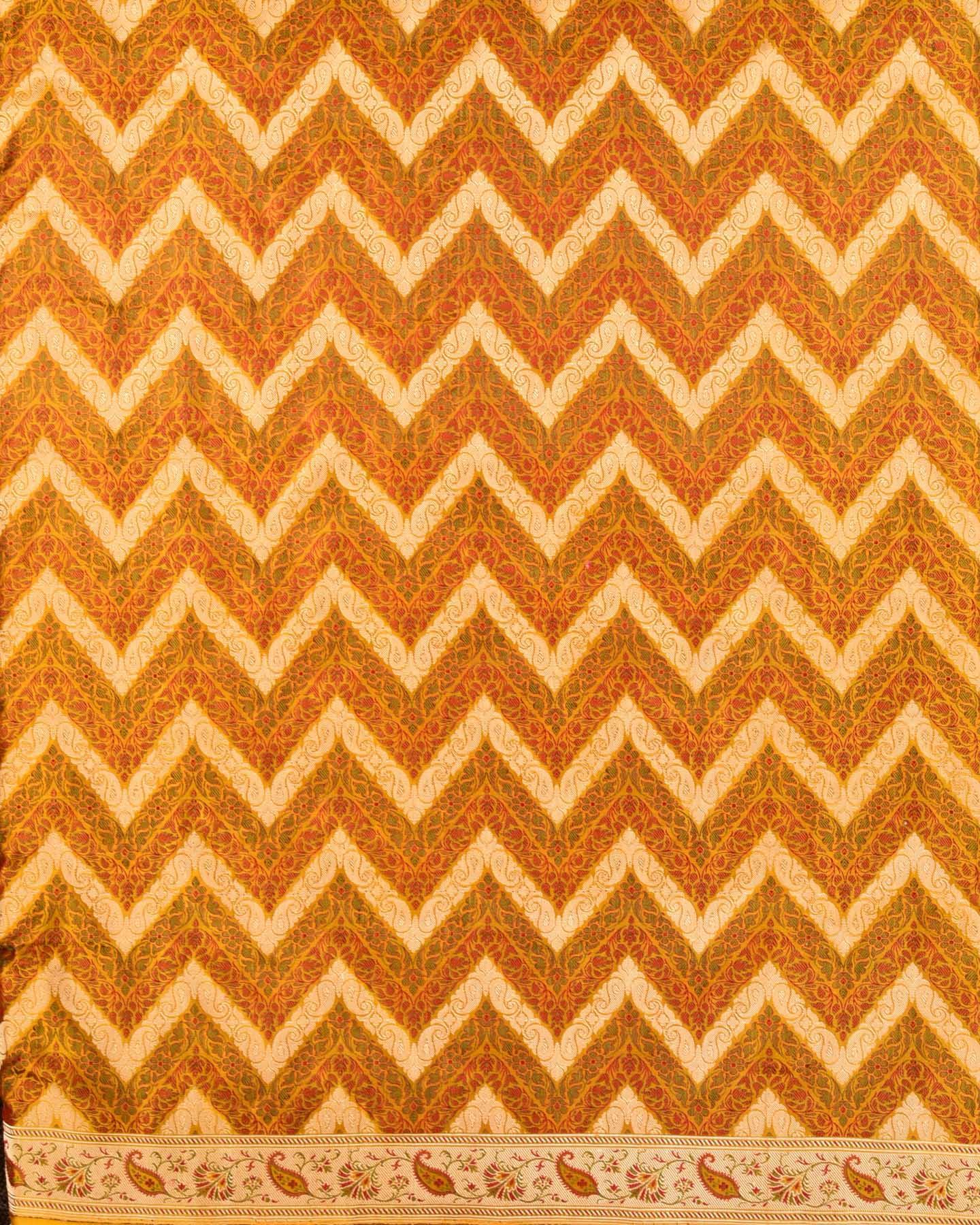 Yellow Banarasi Multi Zig-Zag Jamawar Brocade Handwoven Katan Silk Saree with Zari Cutwork - By HolyWeaves, Benares