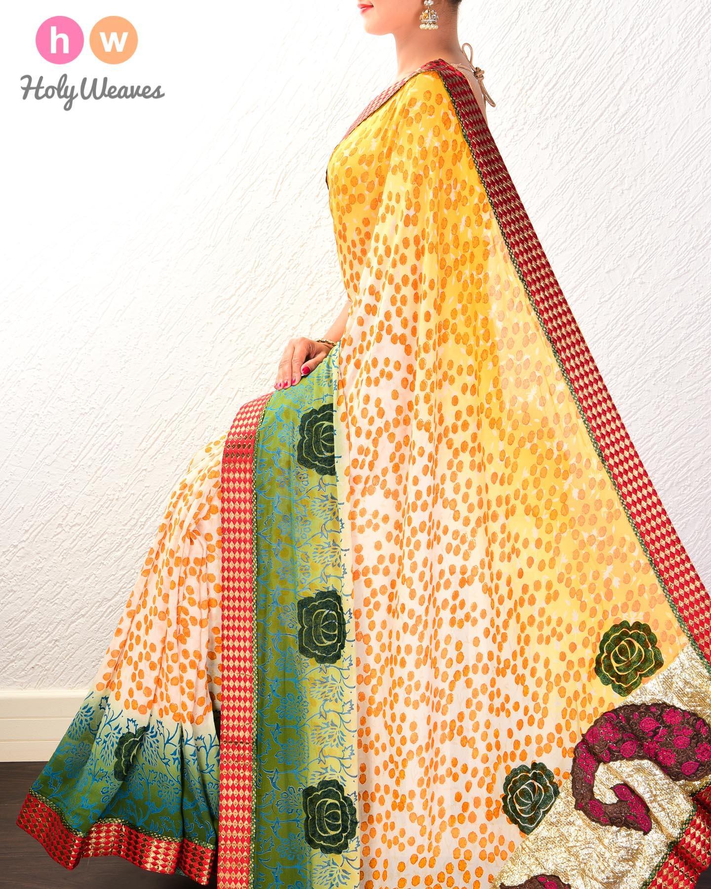 Yellow Hand-embroidered Georgette Saree - By HolyWeaves, Benares