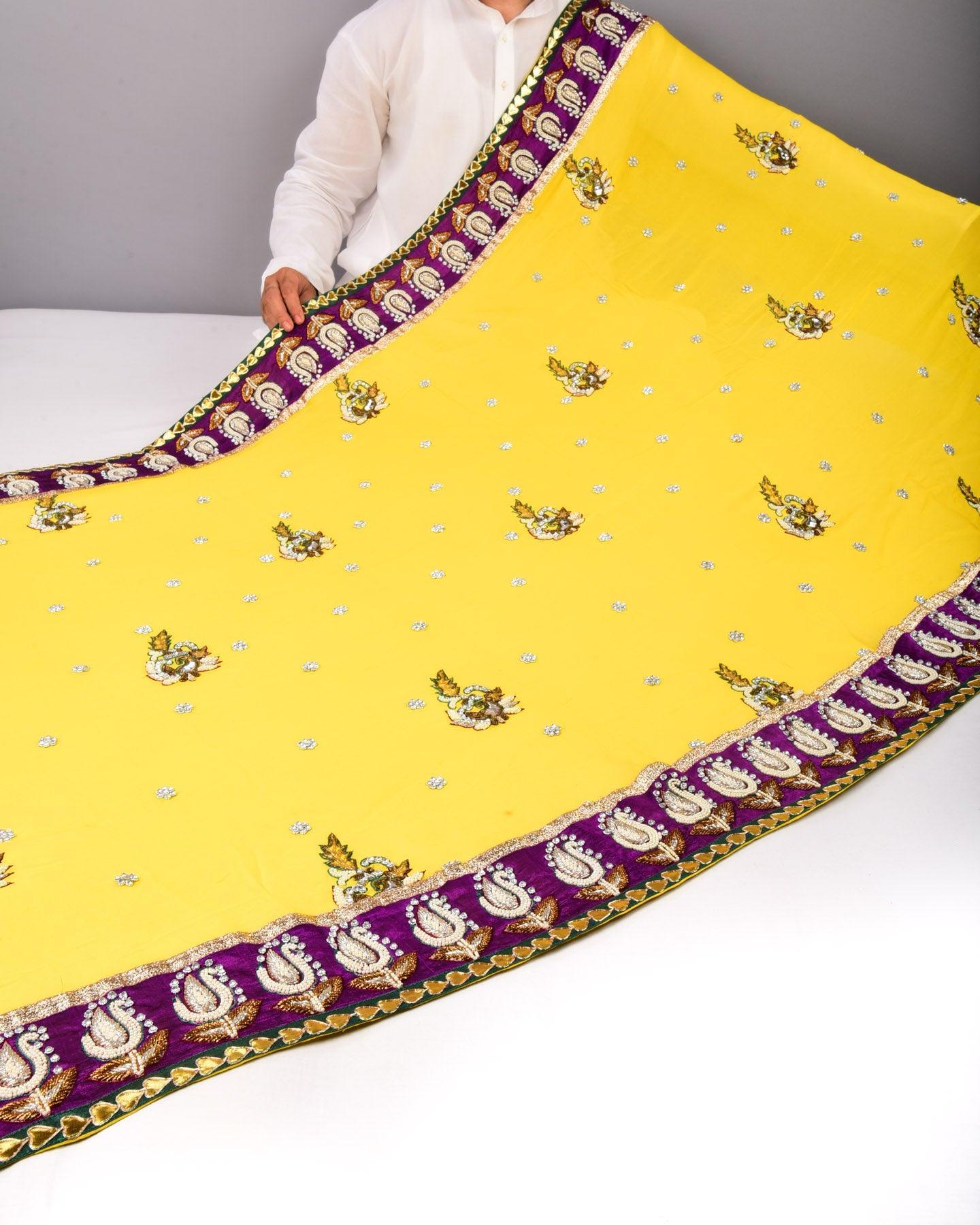 Yellow Hand-embroidered Georgette Saree - By HolyWeaves, Benares
