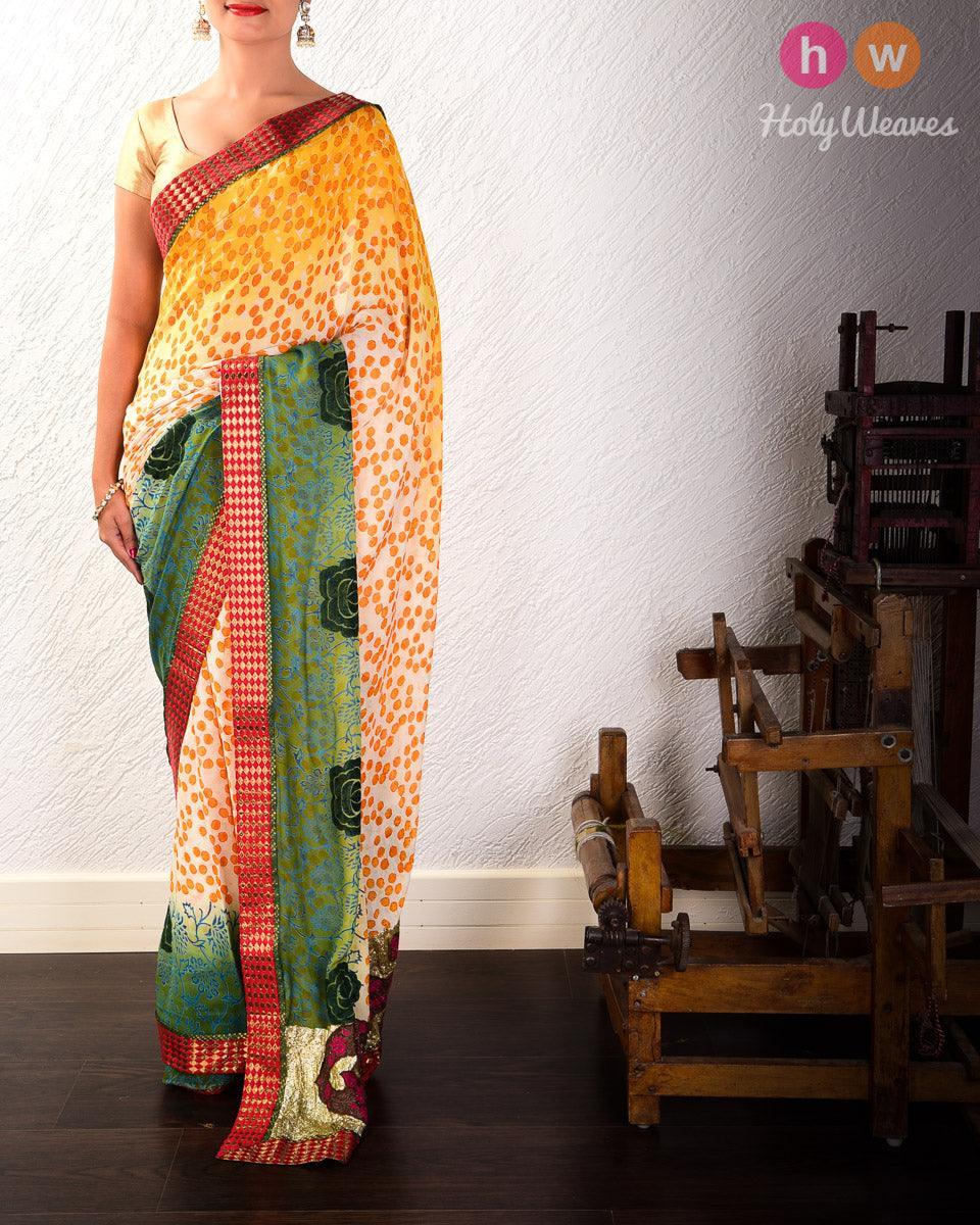 Yellow Hand-embroidered Georgette Saree - By HolyWeaves, Benares