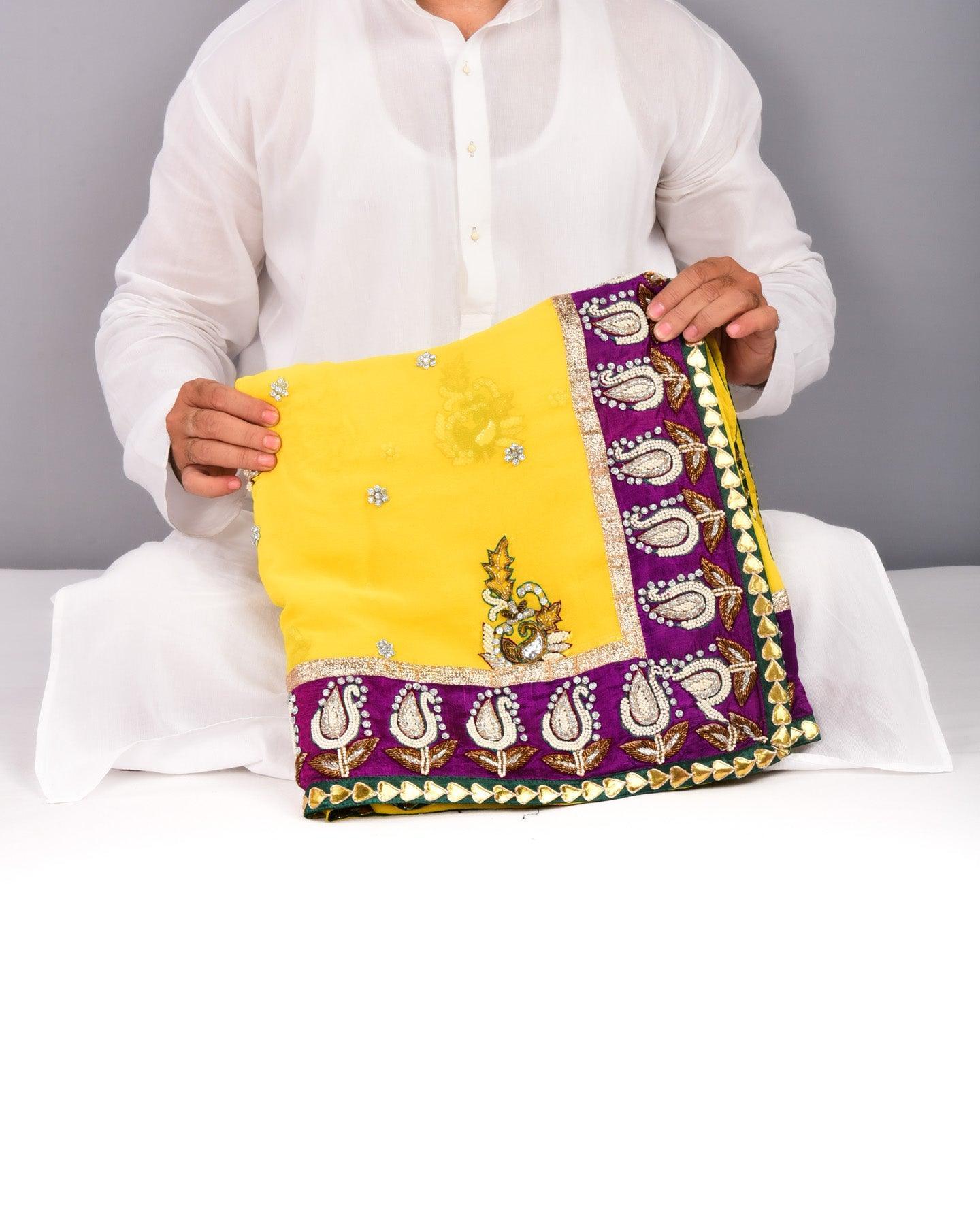 Yellow Hand-embroidered Georgette Saree - By HolyWeaves, Benares