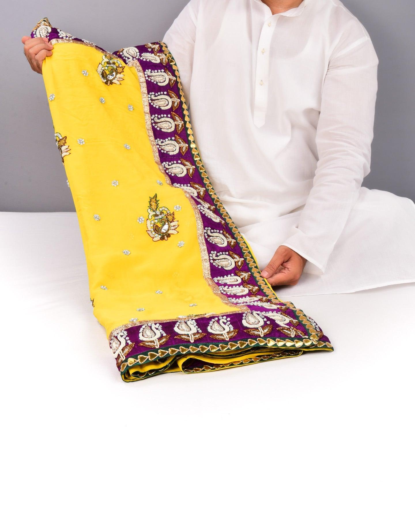 Yellow Hand-embroidered Georgette Saree - By HolyWeaves, Benares