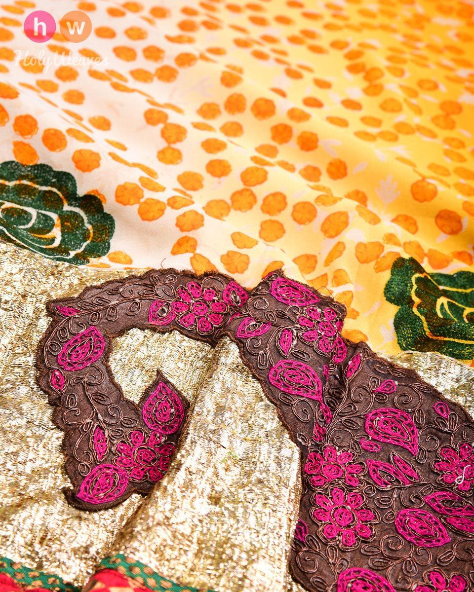 Yellow Hand-embroidered Georgette Saree - By HolyWeaves, Benares