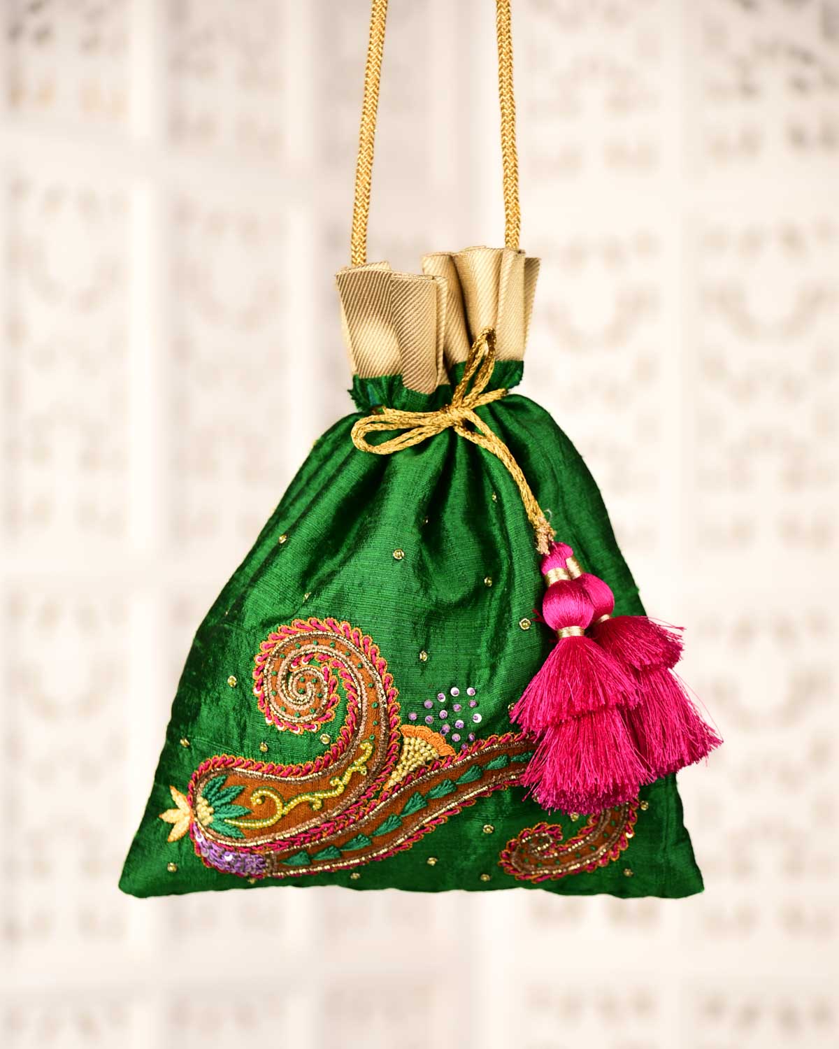 Green Banarasi Kairi Hand Embroidered Raw Silk Potli 12"x9"-HolyWeaves