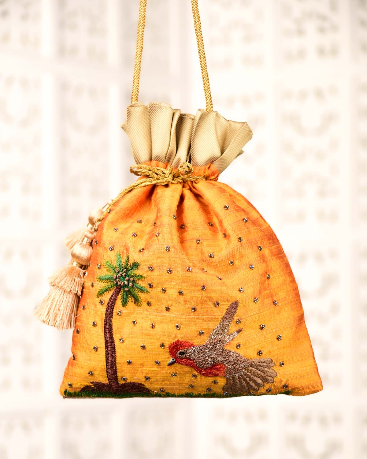 Yellow Banarasi Sparrow Hand Embroidered Raw Silk Potli 12"x9"-HolyWeaves