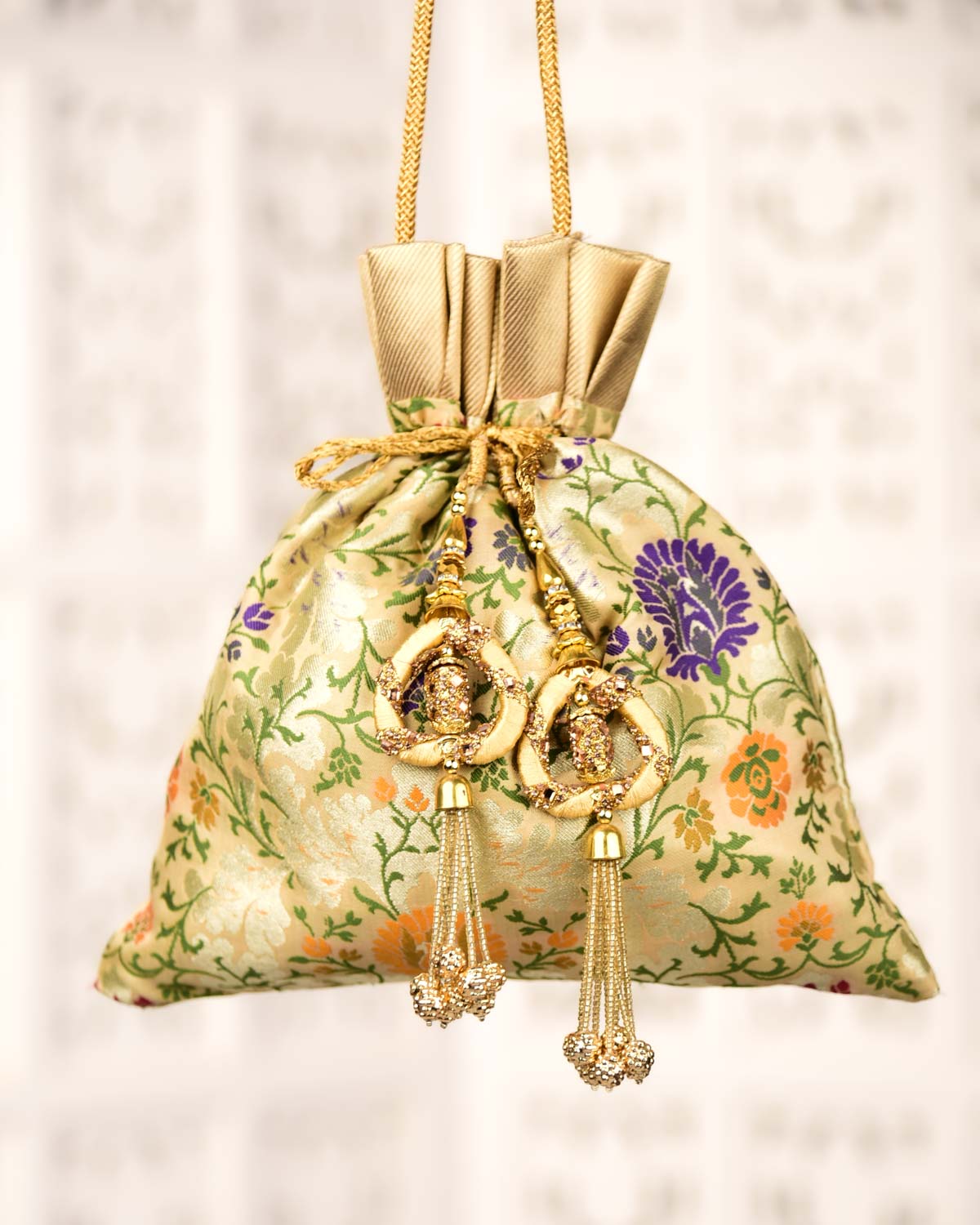 Beige Banarasi Resham & Zari Floral Jaal Brocade Handwoven Silk Potli 11"x10"-HolyWeaves